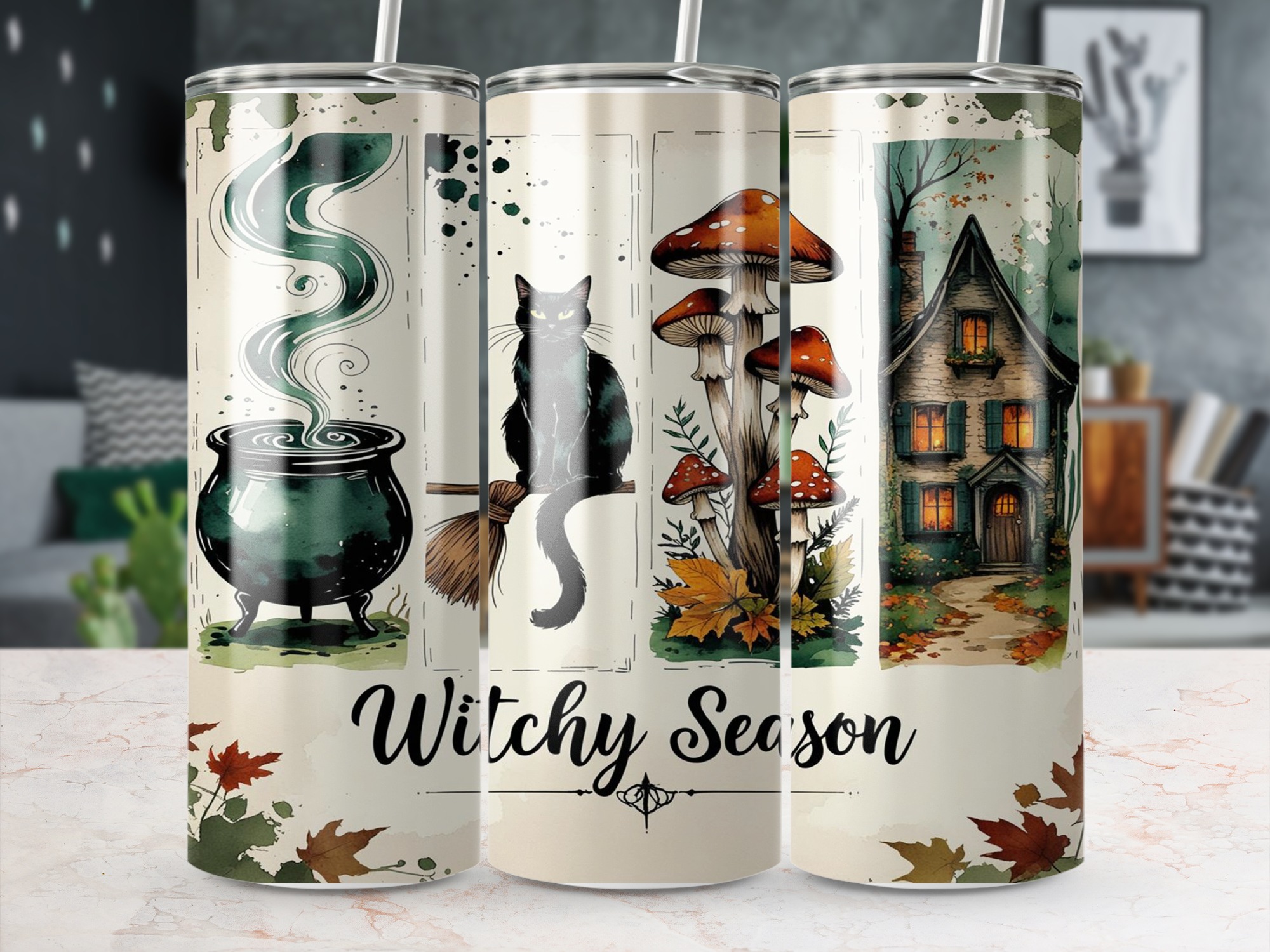 Witchy Season Digital,Sublimation 20oz Tumbler Wrap Digital Download, Cauldron,Black Cat,Mushroom House Tumbler Design,Seamless Wrap - Image 5