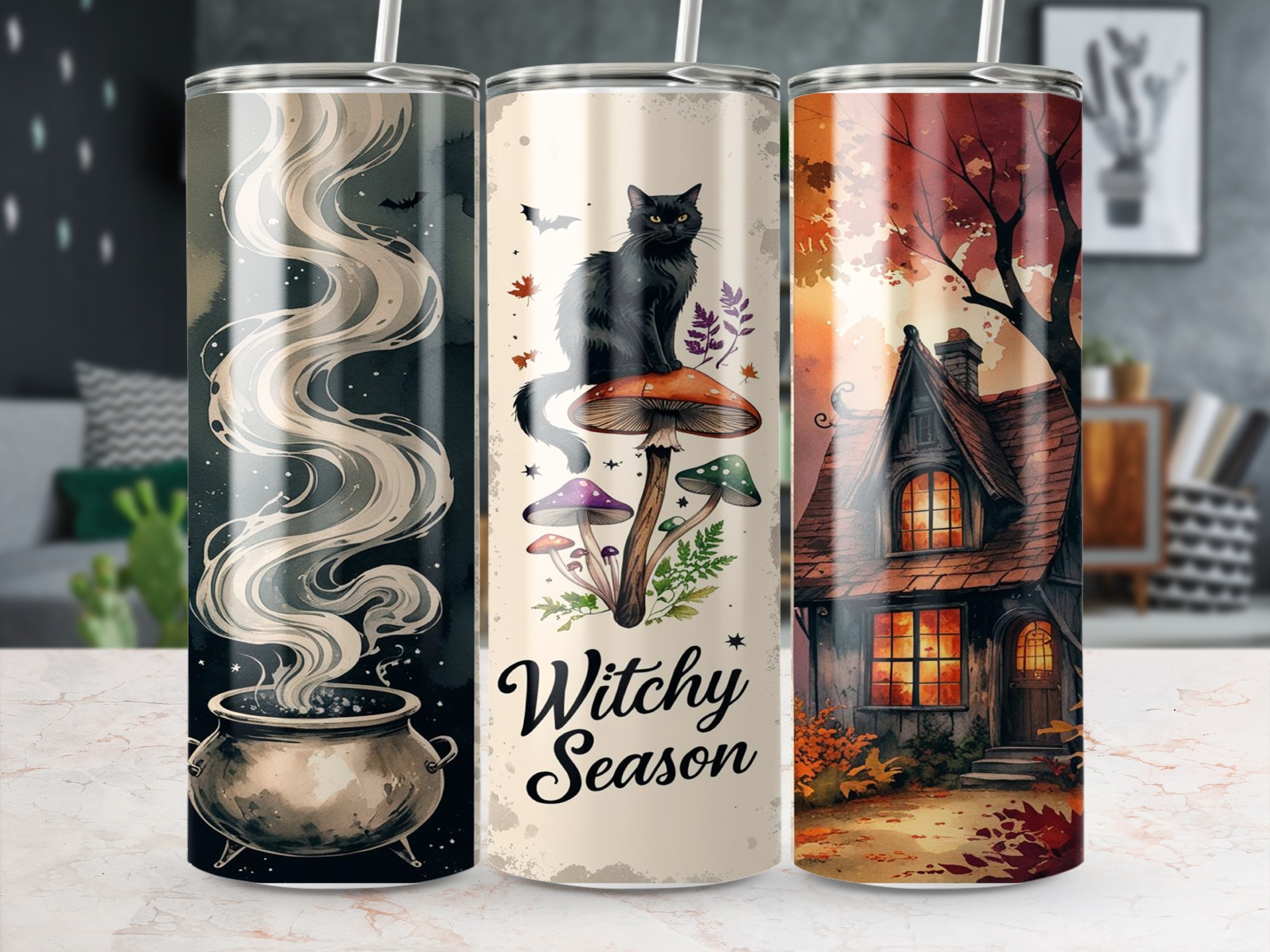 Witchy Season 20oz Tumbler Wrap, Digital Download, Spooky Tumbler Design, Black Cat, Cauldron Sublimation, Autumn House, Instant Download - Image 5