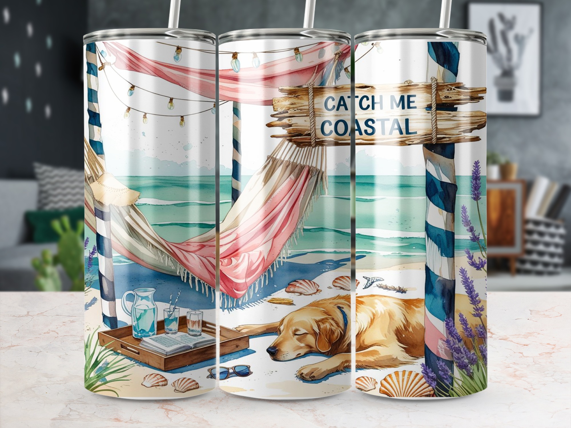 Coastal Golden Retriever Digital,Sublimation 20oz Tumbler Wrap Digital Download, Beach Dog Wrap, Catch Me Coastal, Summer Tumbler Design - Image 5