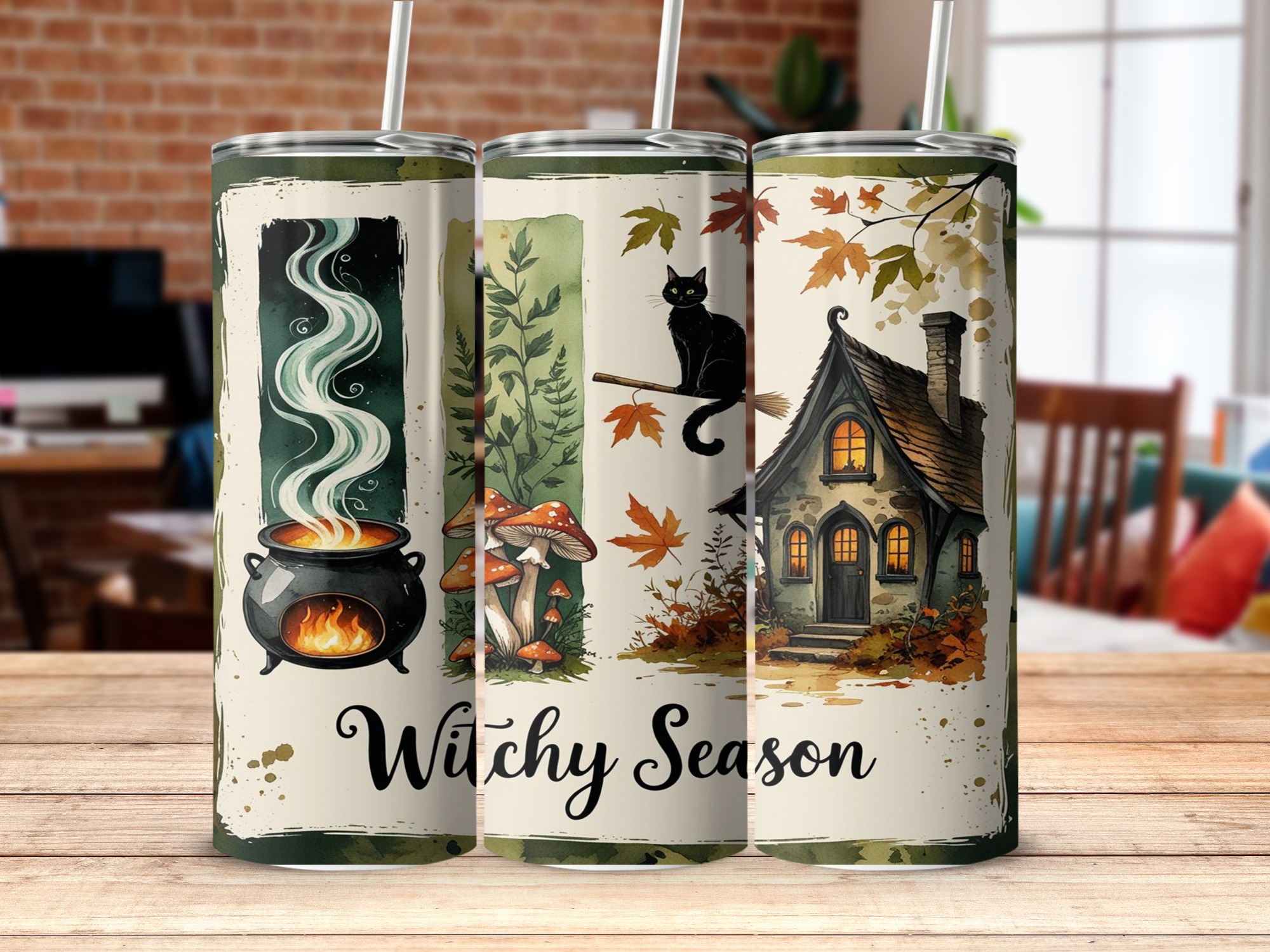 Witchy Season 20oz Tumbler Wrap, Digital Download, Sublimation Design, Cauldron, Black Cat, Witch Cottage, Fall Leaves, Tumbler Design - Image 4