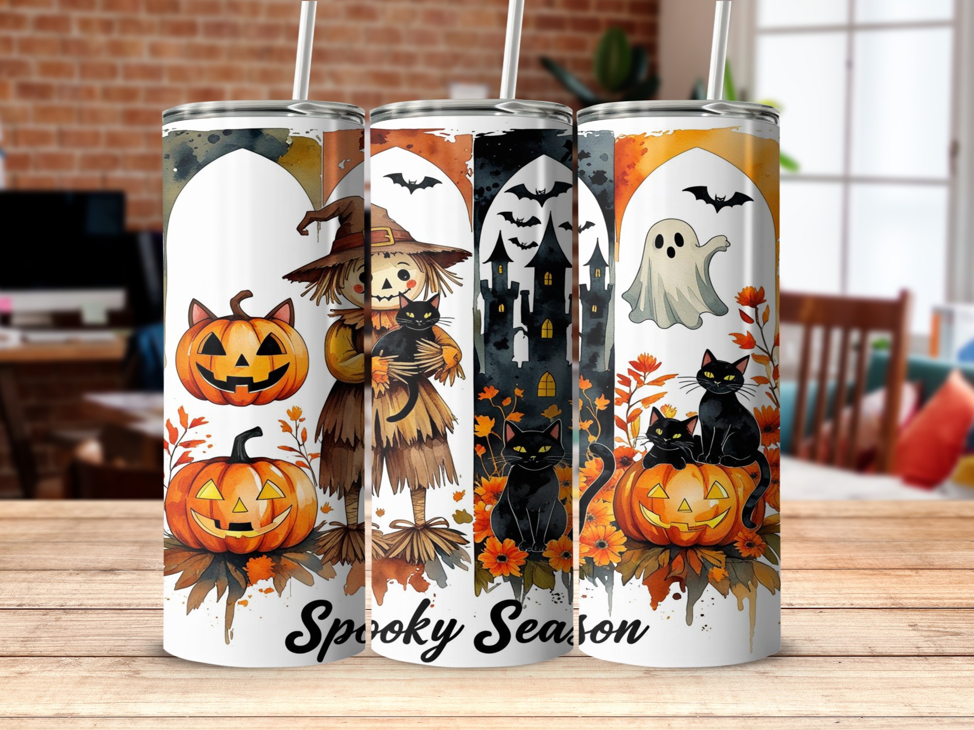 Spooky Season 20oz Tumbler Wrap Digital Download, Halloween Sublimation Design, Pumpkin Scarecrow Ghost Black Cat Tumbler Design - Image 4