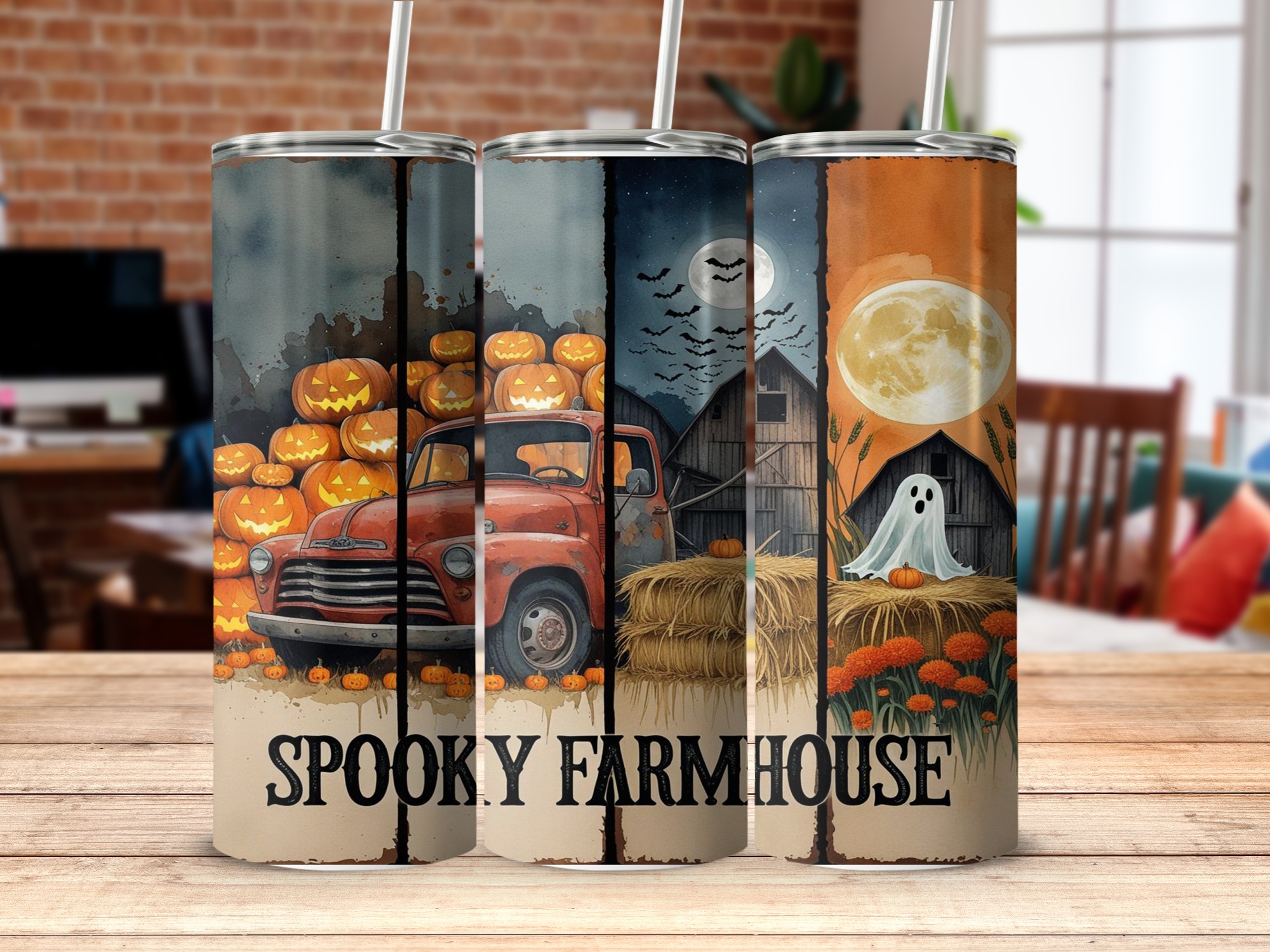 Spooky Farmhouse Tumbler Wrap, Halloween Digital Download, Truck and Pumpkins Sublimation 20oz Tumbler Design, Ghost Full Moon Design - Image 4