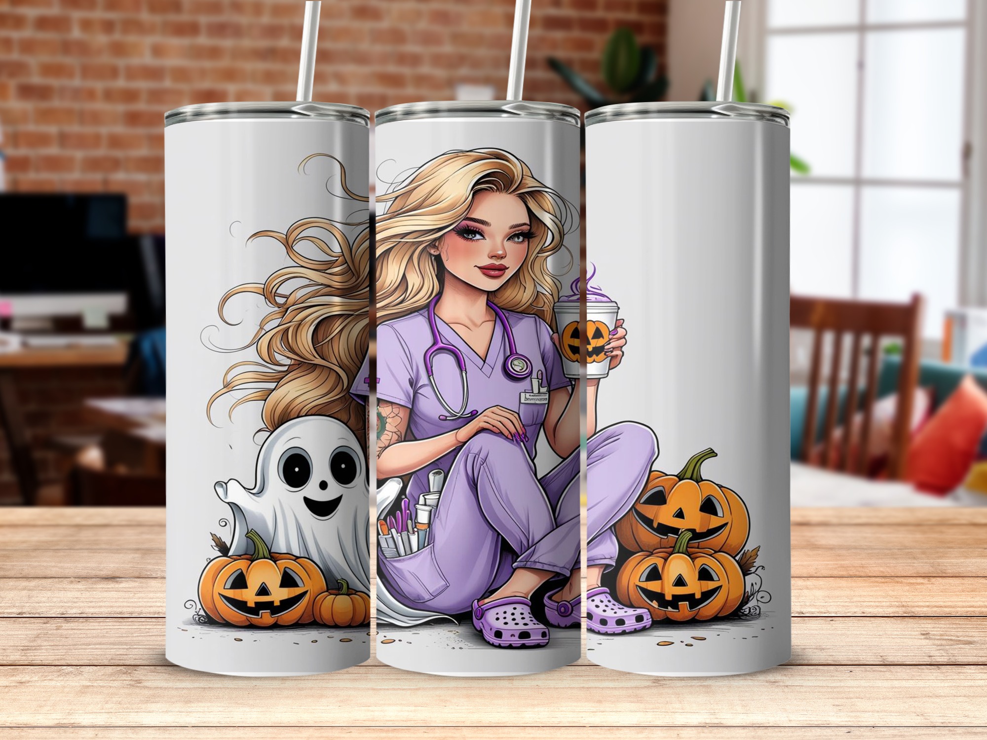 Nurse Halloween Digital Download, 20oz Tumbler Wrap Sublimation Design, Spooky Season Nurse Gift, Ghost Pumpkin Tumbler Design PNG - Image 4