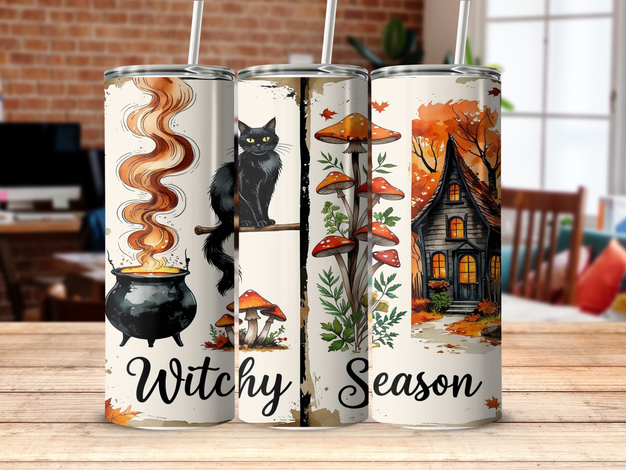 Witchy Season 20oz Tumbler Wrap Digital Download, Halloween Sublimation, Black Cat, Spooky House, Autumn Leaves, Cauldron Design - Image 4