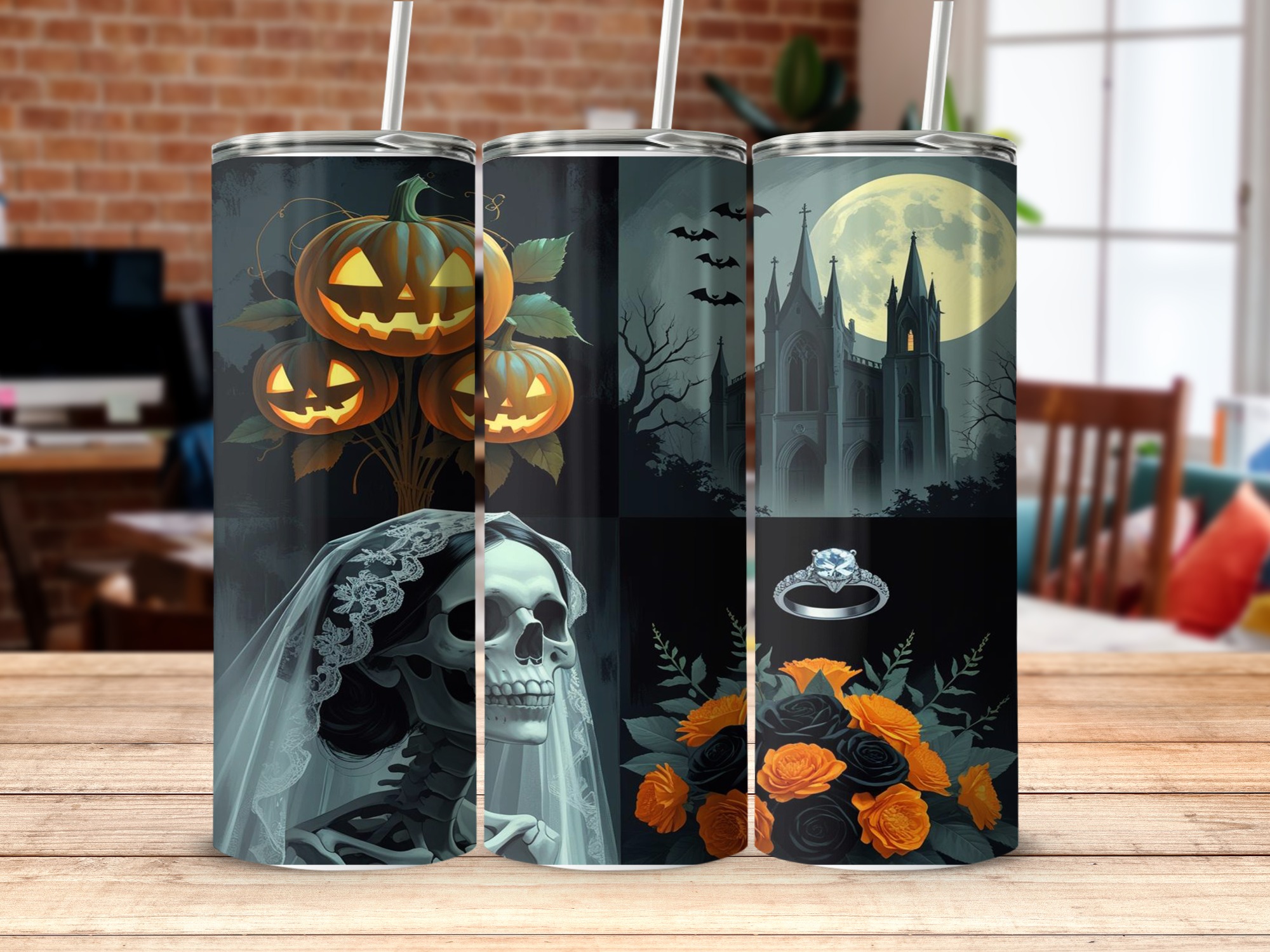 Halloween Bride 20oz Tumbler Wrap, Spooky Digital Download, Pumpkin Church Sublimation Design, Wedding Ring, Skull Printable Art - Image 5