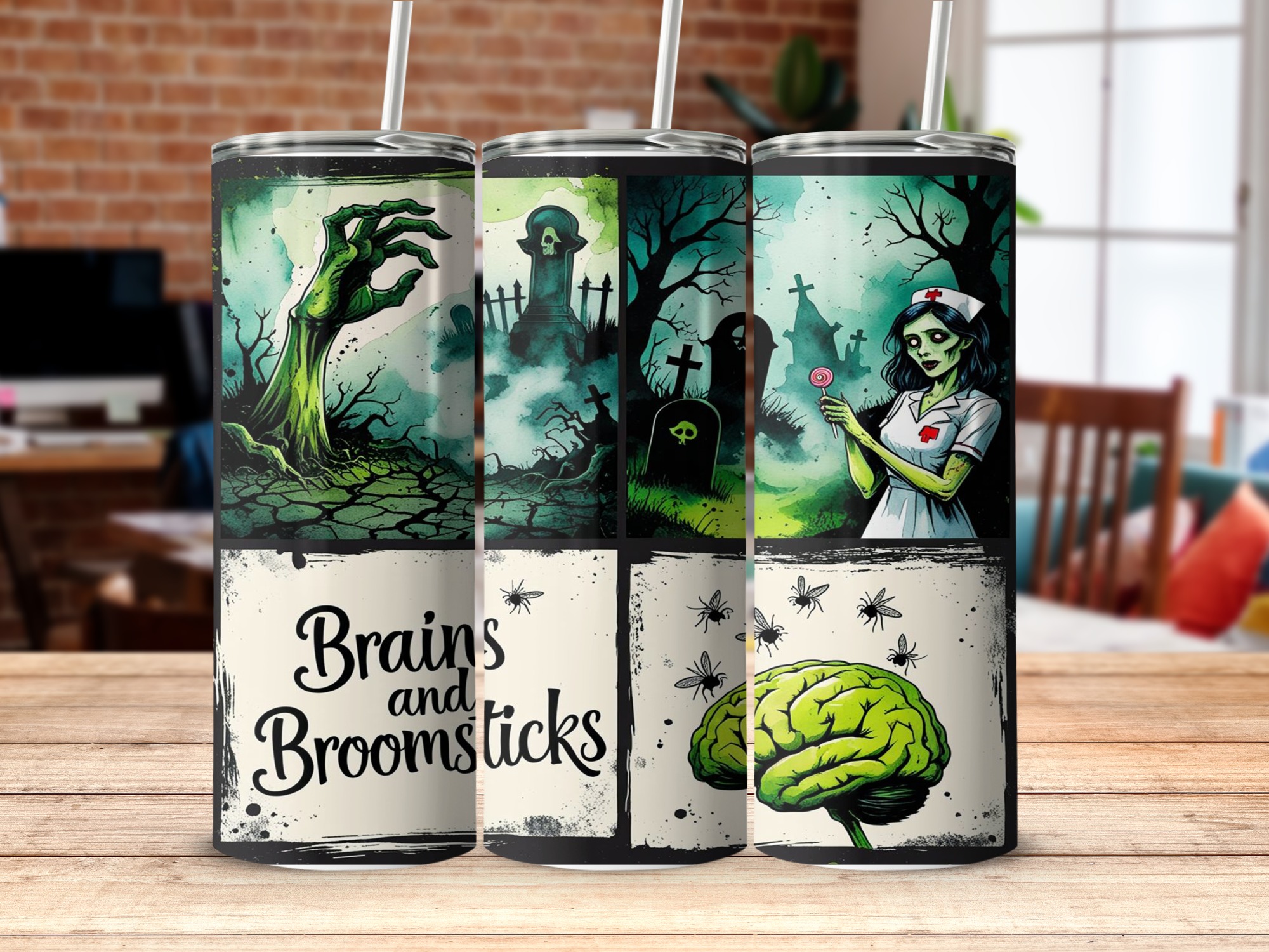 Halloween Digital Sublimation 20oz Tumbler Wrap Download, Zombie Nurse, Brains and Broomsticks, Spooky Season, Tombstone Design - Image 5