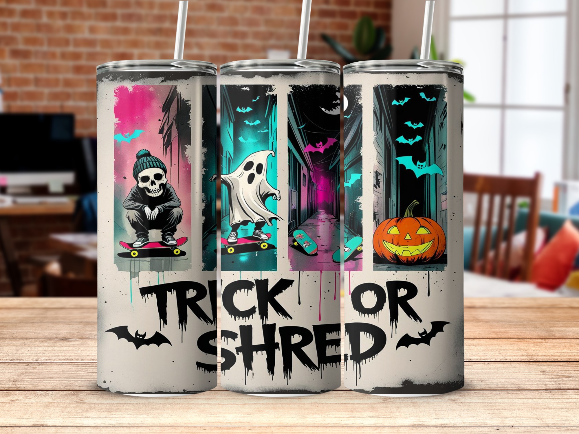 Trick or Shred Tumbler Wrap, Halloween Sublimation Design, Digital Download 20oz Tumbler, Skateboard Ghost Pumpkin, PNG Instant File - Image 5