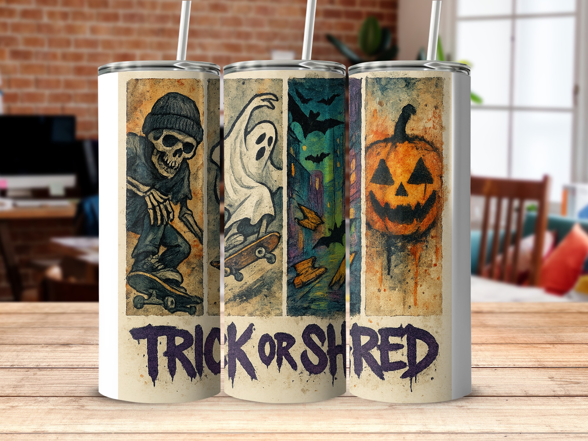Trick Or Shred Tumbler Wrap, Halloween Digital Download, Sublimation 20oz Tumbler Design, Skateboard Skeleton, Ghost, Pumpkin - Image 4