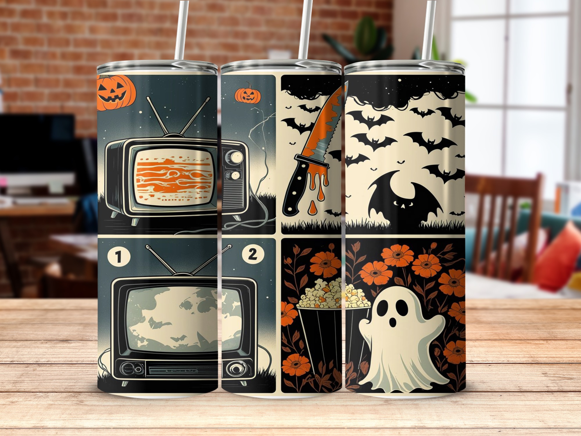 Retro Halloween Digital,Sublimation 20oz Tumbler Wrap Digital Download,Spooky TV Ghost Tumbler,Bats and Knife,Tumbler Design,PNG - Image 5