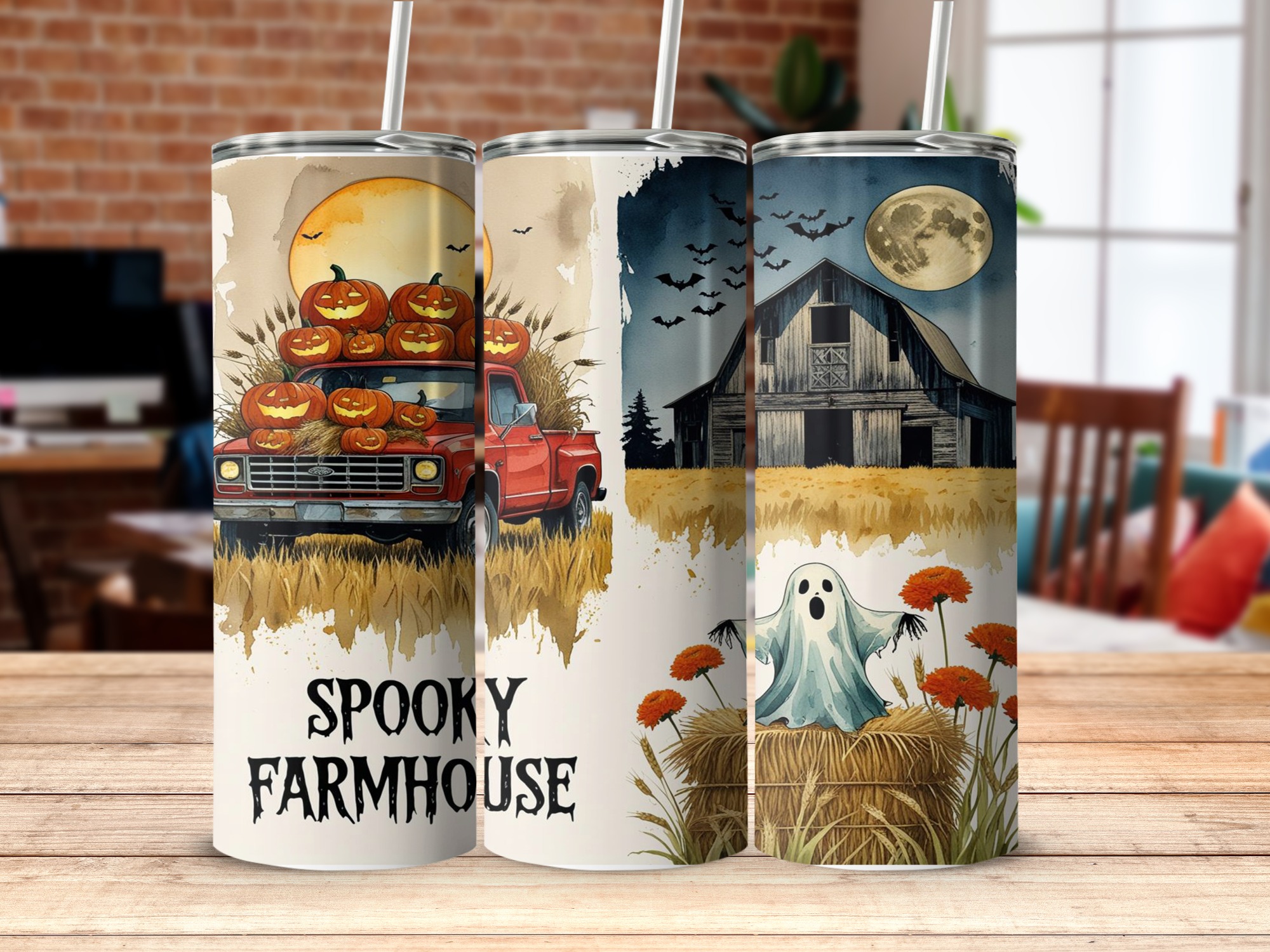 Spooky Farmhouse 20oz Tumbler Wrap, Halloween Digital Download, Pumpkin Truck, Ghost Barn, Sublimation Design, Fall Tumbler Design - Image 5