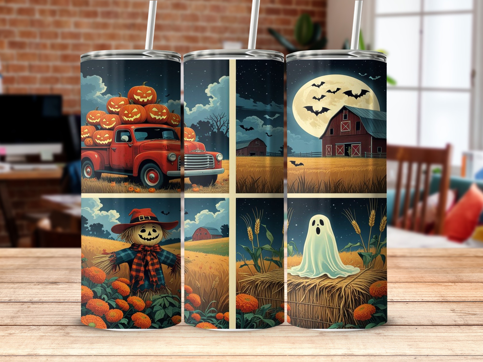 Halloween Tumbler Wrap Digital Download, 20oz Sublimation Design, Fall Truck, Ghost, Scarecrow, Barn, Autumn Nights, Full Wrap PNG - Image 5