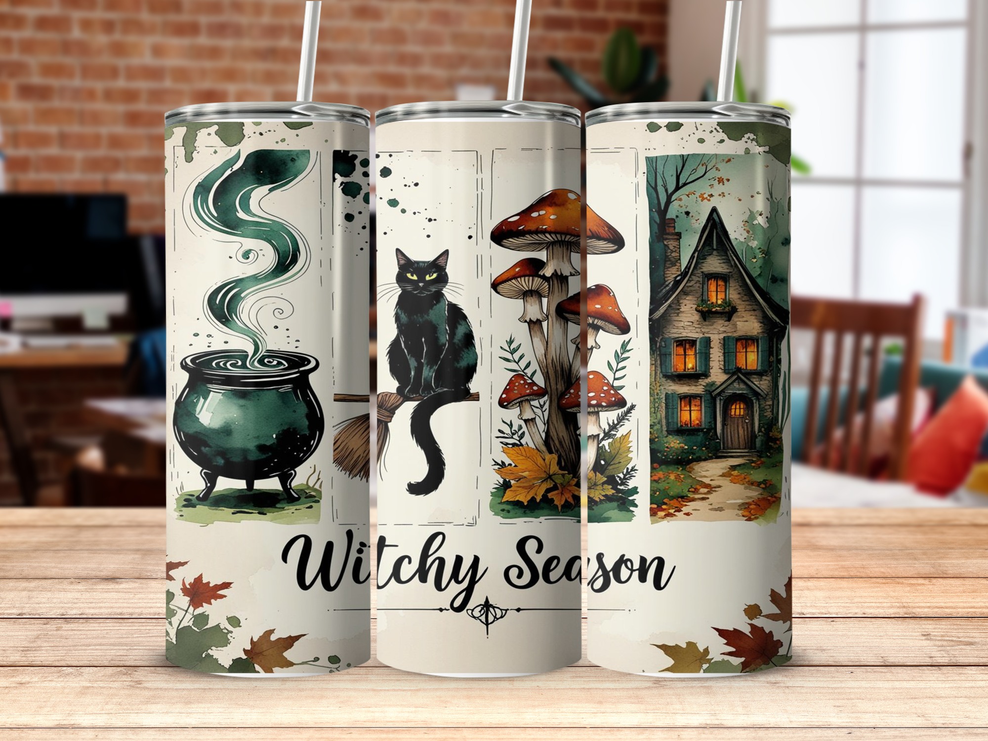 Witchy Season Digital,Sublimation 20oz Tumbler Wrap Digital Download, Cauldron,Black Cat,Mushroom House Tumbler Design,Seamless Wrap - Image 4