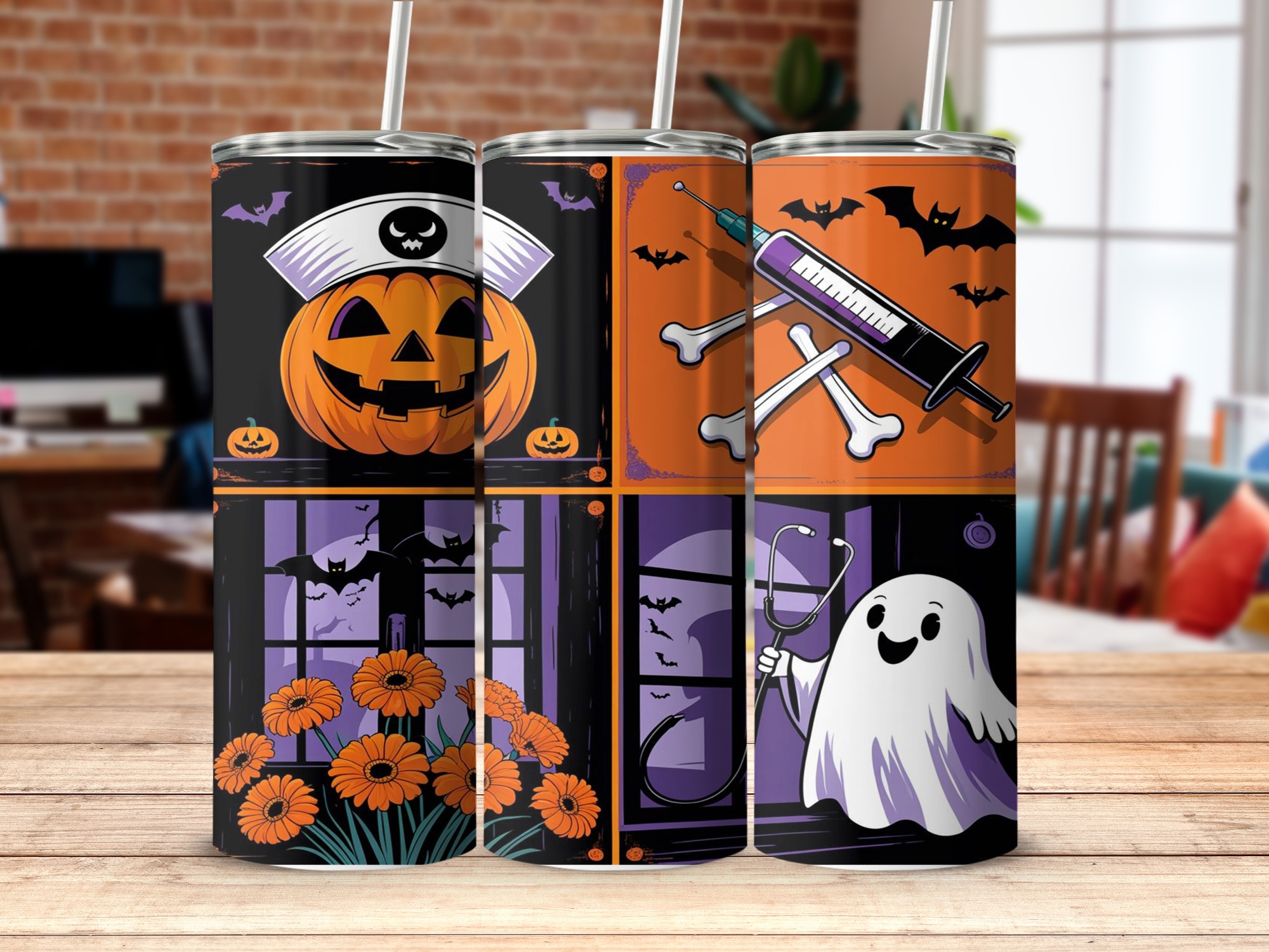 Halloween Nurse Pumpkin 20oz Tumbler Wrap, Digital Download, Spooky Ghost, PNG Sublimation Design, Medical Tumbler Design - Image 5