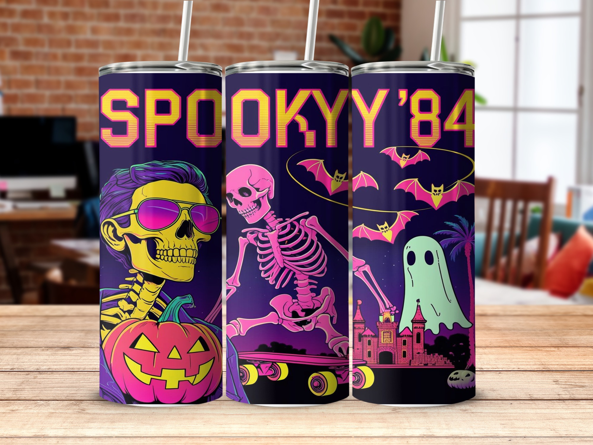 Spooky 84 Tumbler Wrap, 20oz Sublimation Design, Retro Halloween Digital Download, Skeleton Ghost PNG, Tumbler Template Printable - Image 5
