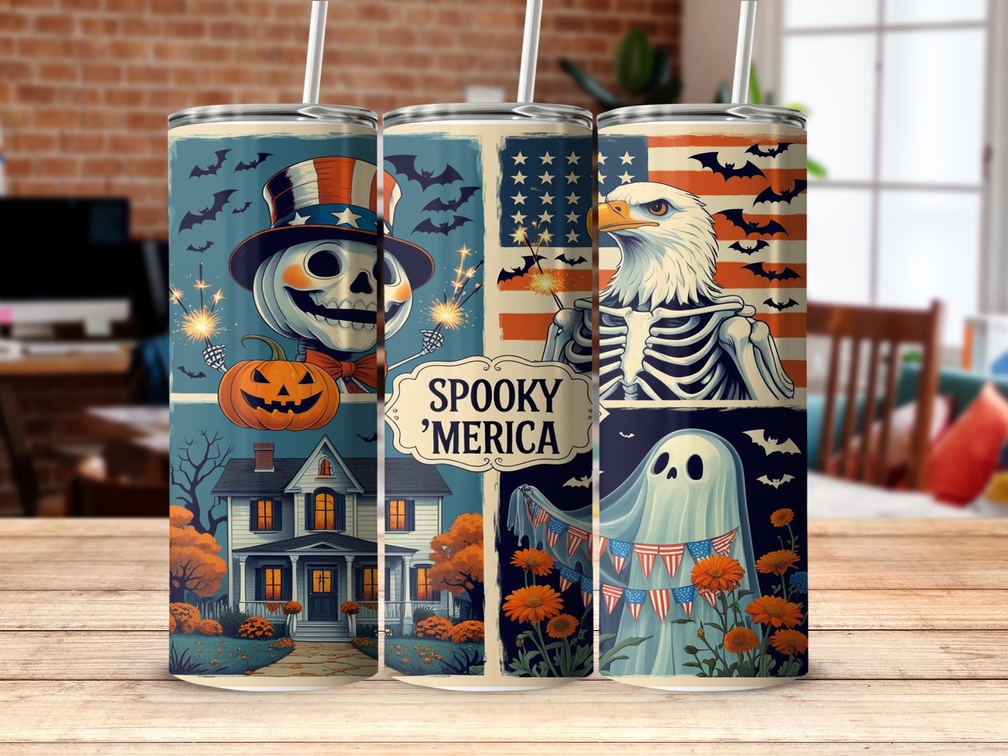 Spooky Merica Digital Download, Sublimation 20oz Tumbler Wrap, Patriotic Halloween Design, American Flag, Eagle Skeleton, Ghost Tumbler - Image 5