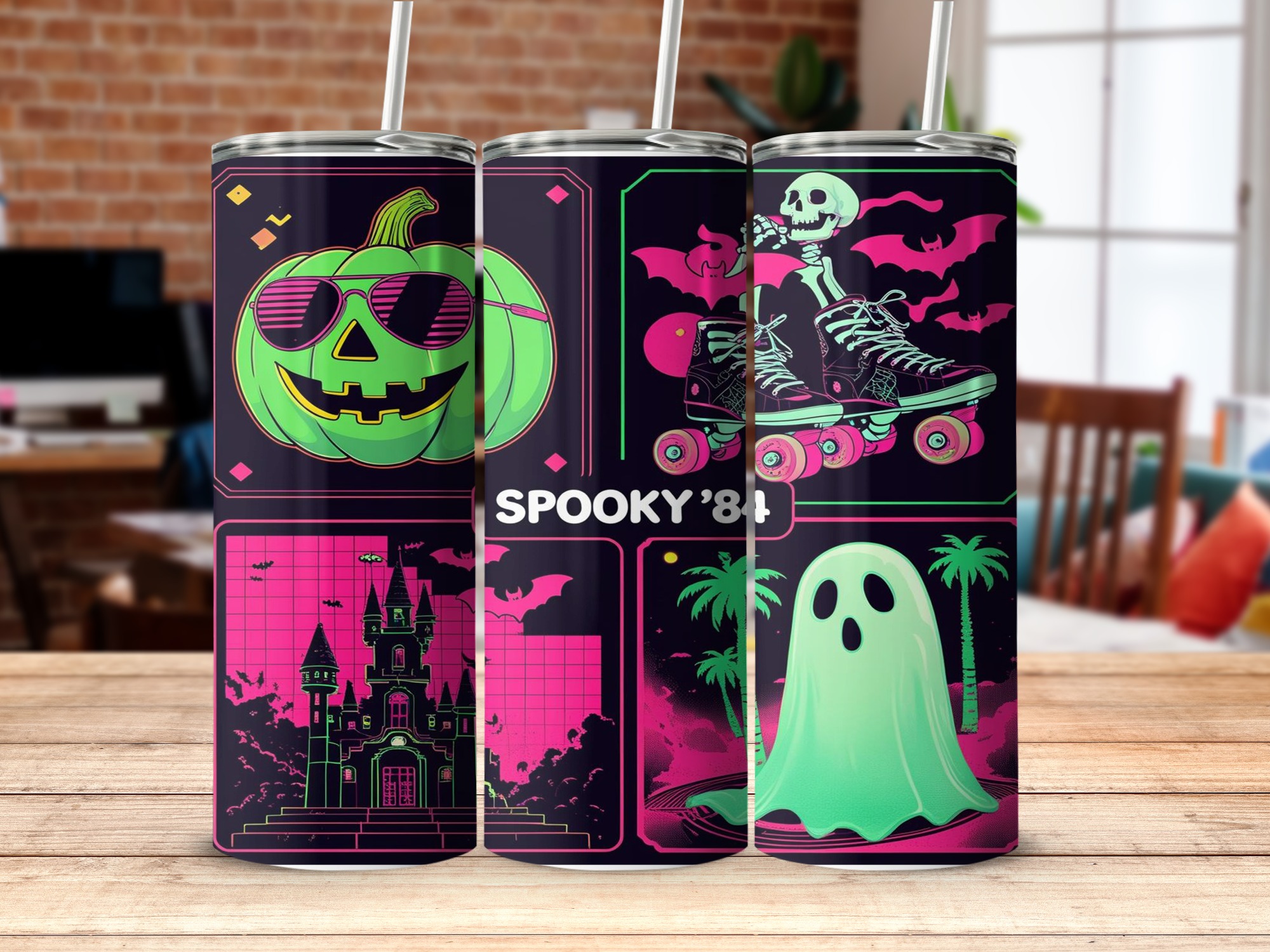 Digital Sublimation 20oz Tumbler Wrap, Spooky 80s Design Digital Download, Retro Halloween Tumbler Design, Pumpkin Bat Ghost Tumbler - Image 5