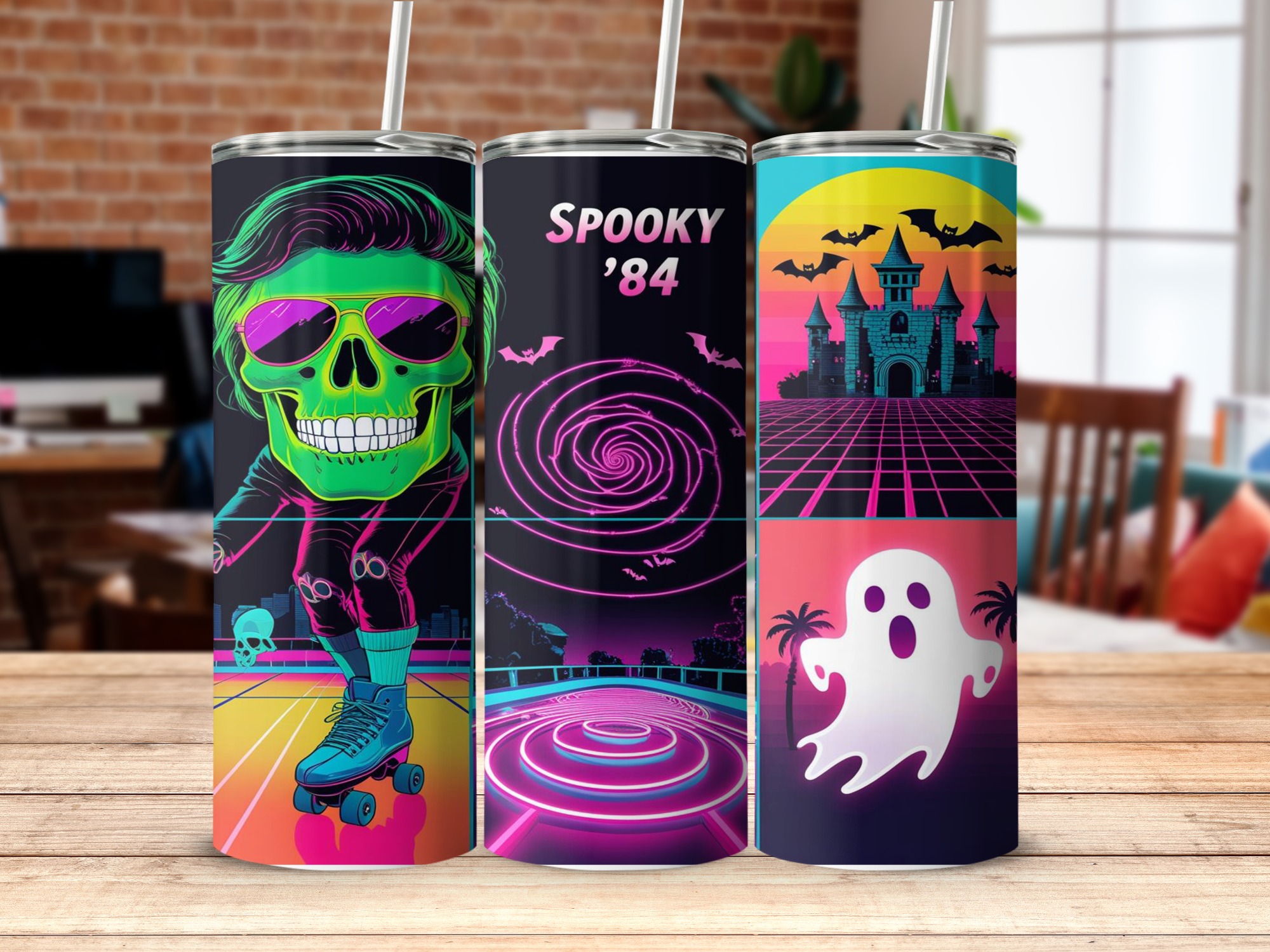 Digital Sublimation 20oz Tumbler Wrap Digital Download, Retro Halloween Tumbler Design, Spooky '84, Roller Skate Skull Ghost Castle - Image 5