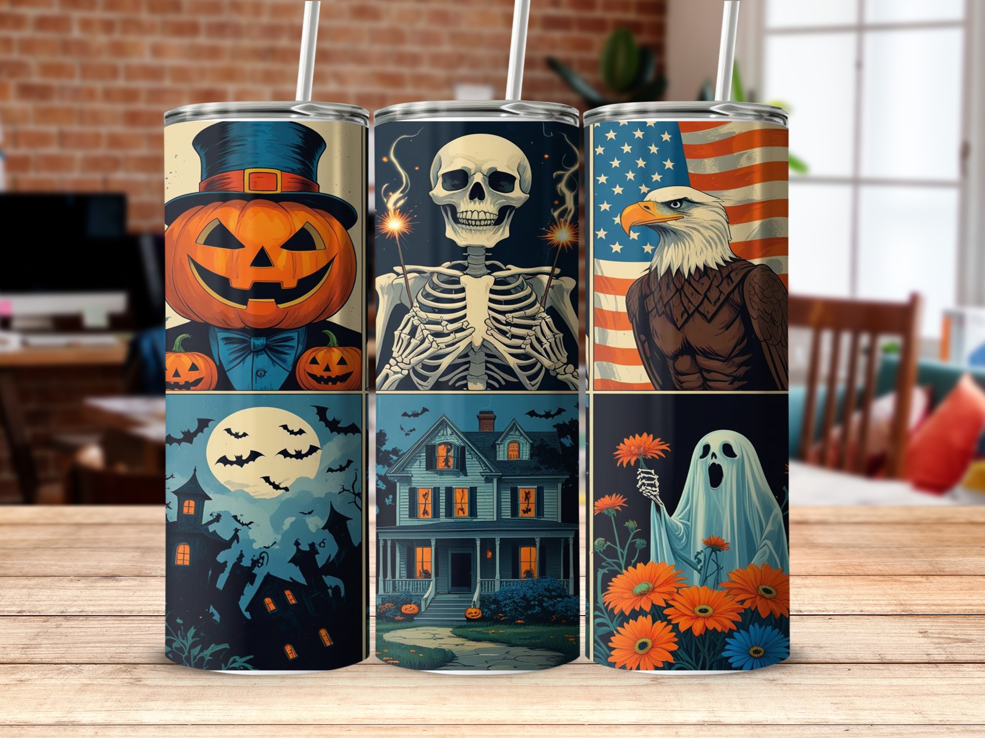 Halloween 20oz Tumbler Wrap,Digital Download,Patriotic Eagle Sublimation Design,Haunted House,Pumpkins,Ghost Tumbler Design,Spooky Skeletons - Image 5