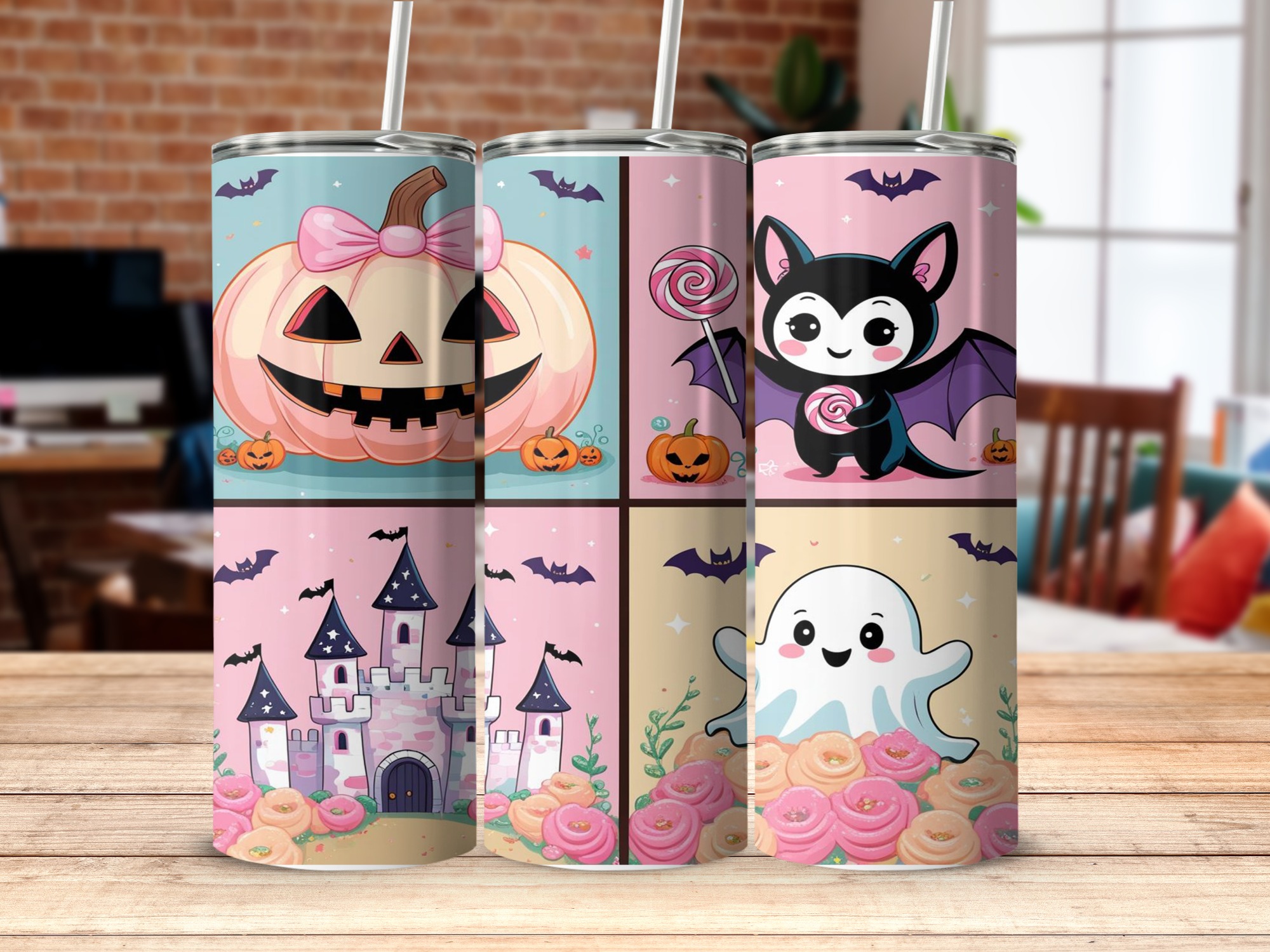 Digital Halloween Tumbler Wrap, Sublimation 20oz, Cute Pumpkin Bat Ghost Castle Tumbler Design, Spooky Season Digital Download - Image 5