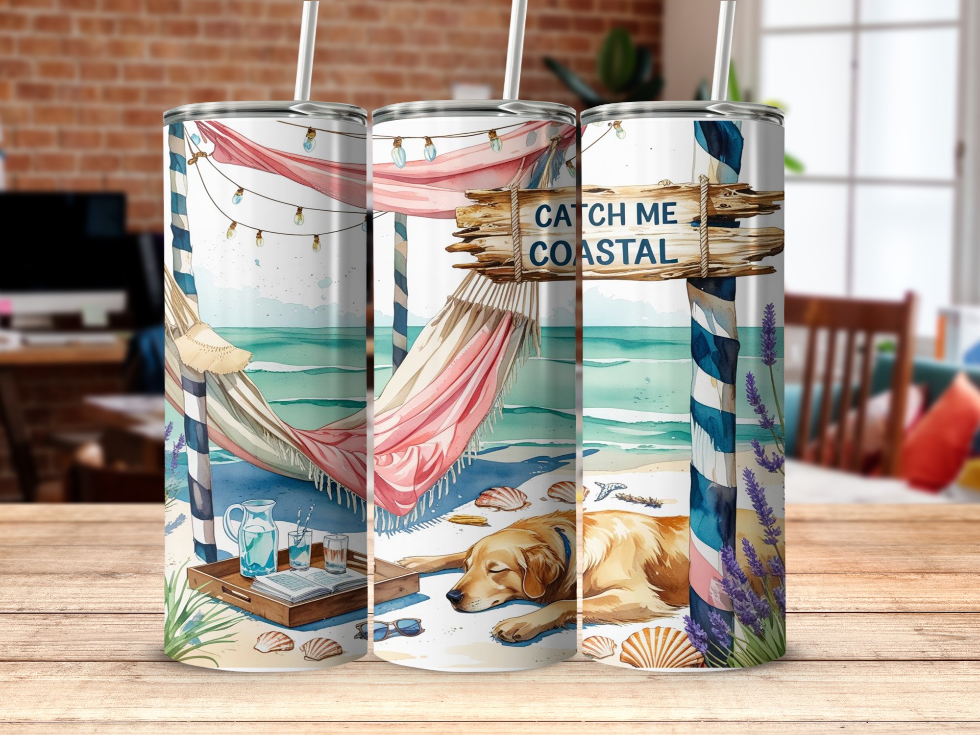 Coastal Golden Retriever Digital,Sublimation 20oz Tumbler Wrap Digital Download, Beach Dog Wrap, Catch Me Coastal, Summer Tumbler Design - Image 4