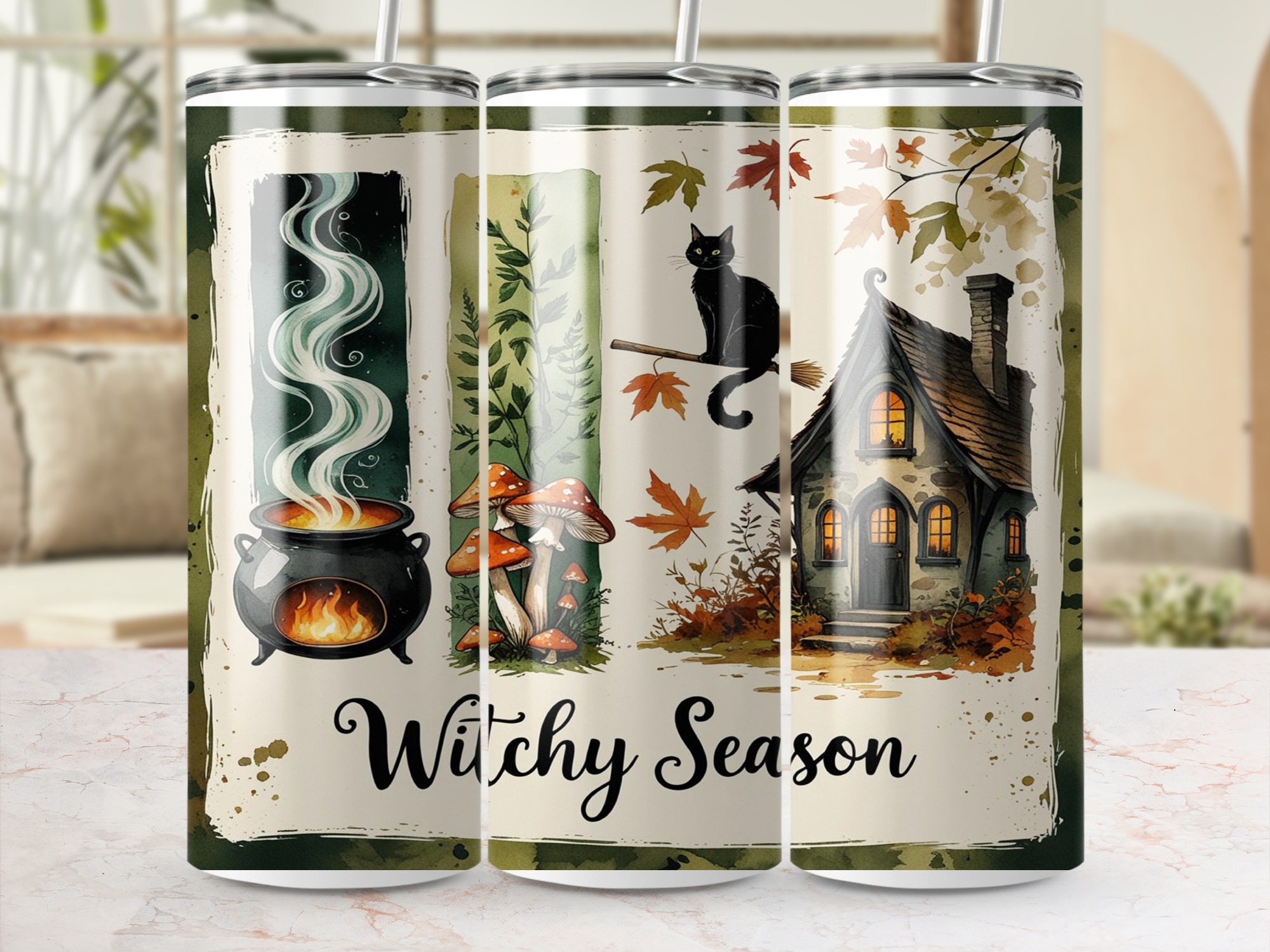 Witchy Season 20oz Tumbler Wrap, Digital Download, Sublimation Design, Cauldron, Black Cat, Witch Cottage, Fall Leaves, Tumbler Design - Image 3