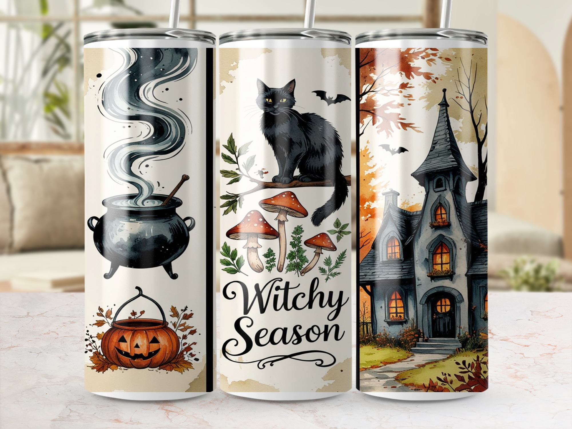Witchy Season Tumbler Wrap, 20oz Sublimation Design, Halloween Digital Download, Black Cat Cauldron Spooky Season, Fall Tumbler Design - Image 3