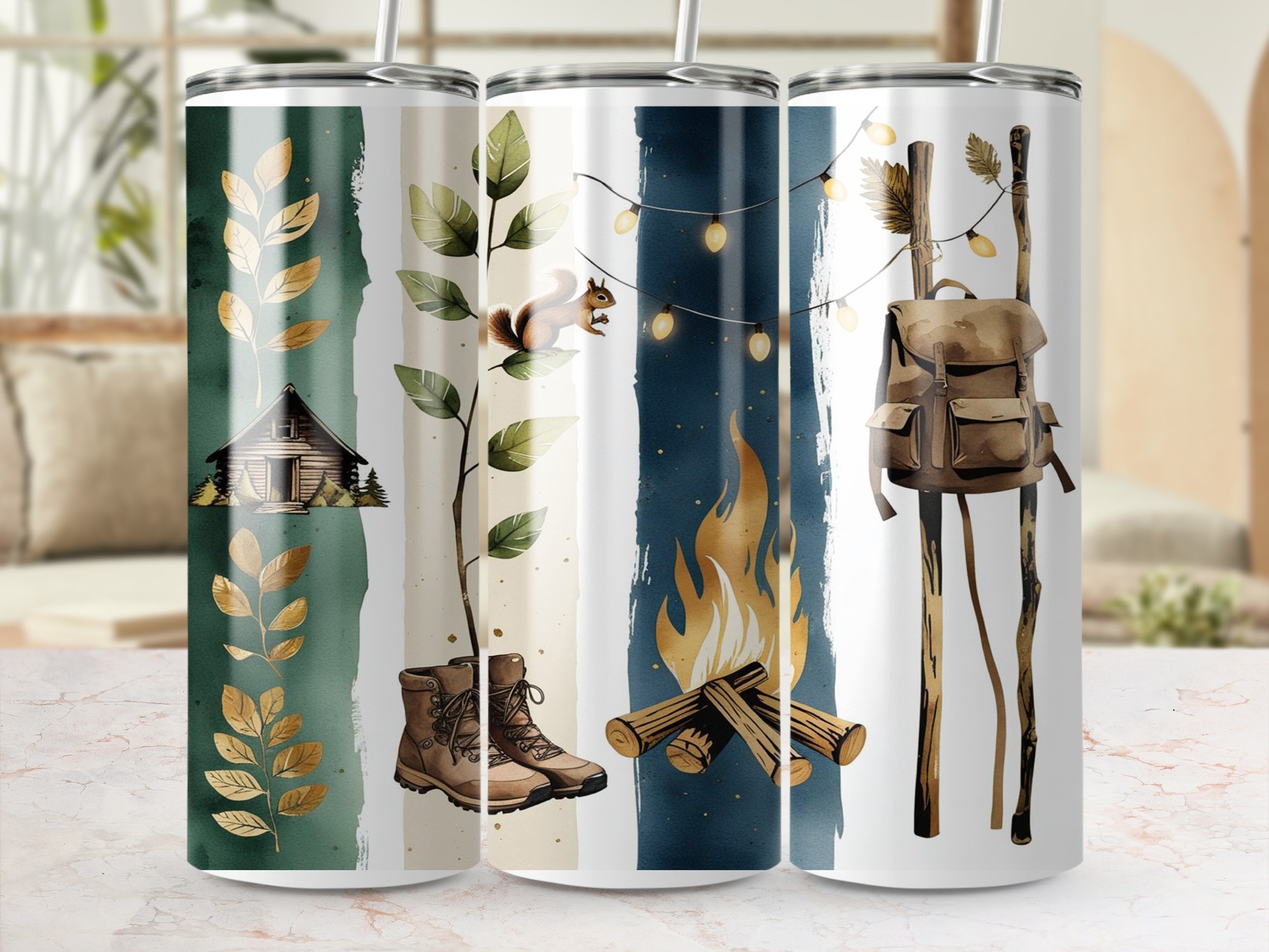 Camping Tumbler Wrap, Cabin, Boots, Squirrel, Fire Digital,Sublimation 20oz Tumbler Wrap Digital Download Design, PNG Template - Image 3