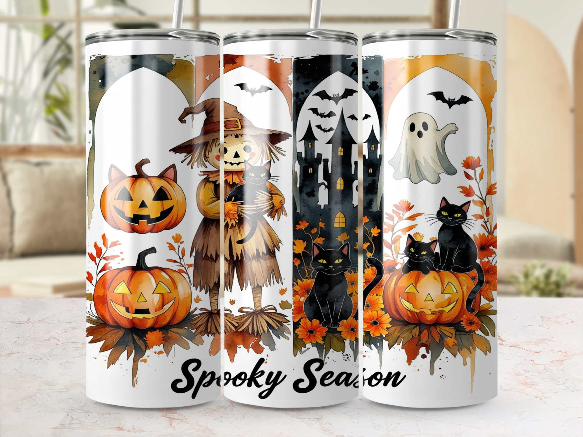 Spooky Season 20oz Tumbler Wrap Digital Download, Halloween Sublimation Design, Pumpkin Scarecrow Ghost Black Cat Tumbler Design - Image 3