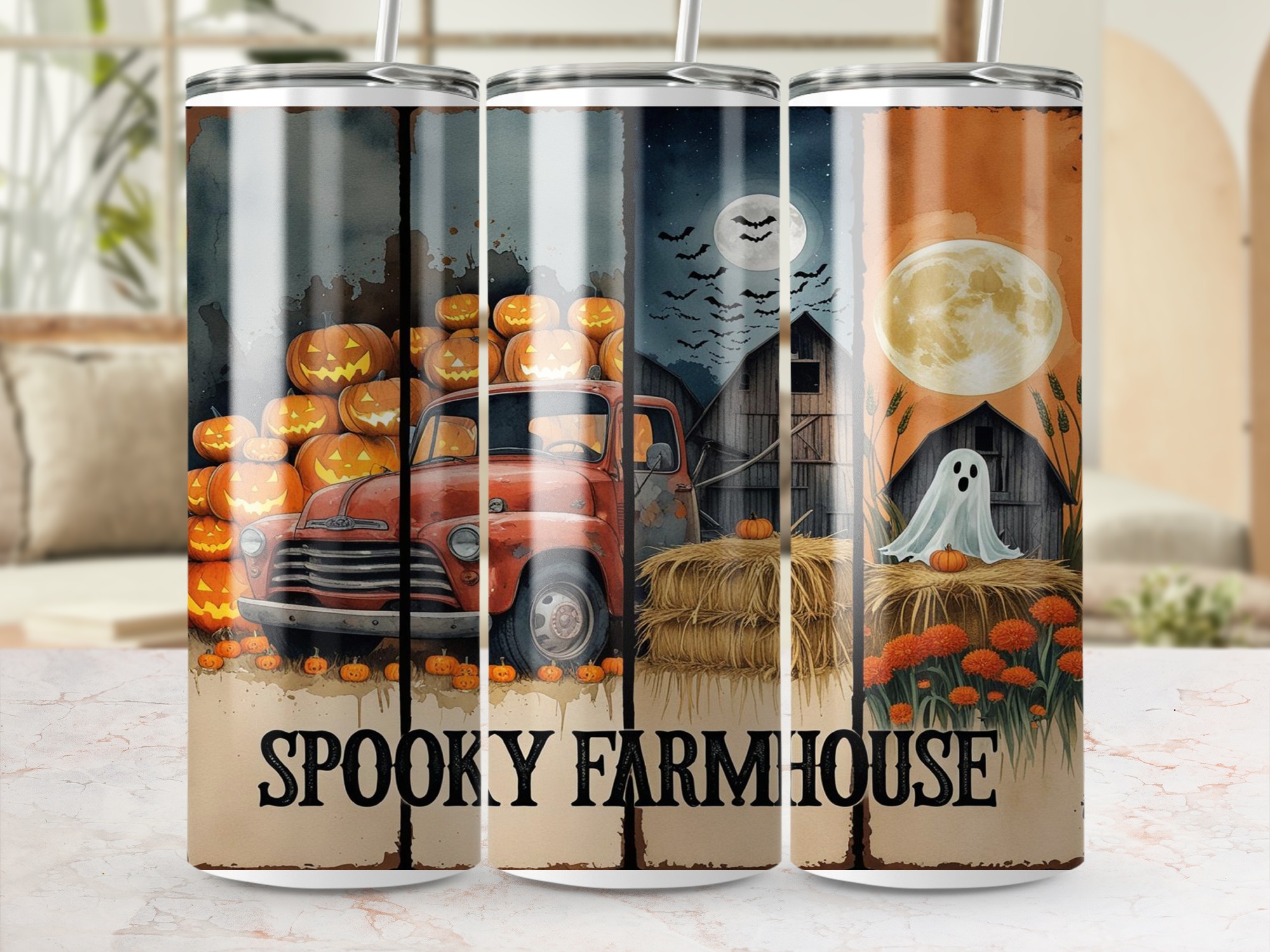 Spooky Farmhouse Tumbler Wrap, Halloween Digital Download, Truck and Pumpkins Sublimation 20oz Tumbler Design, Ghost Full Moon Design - Image 3