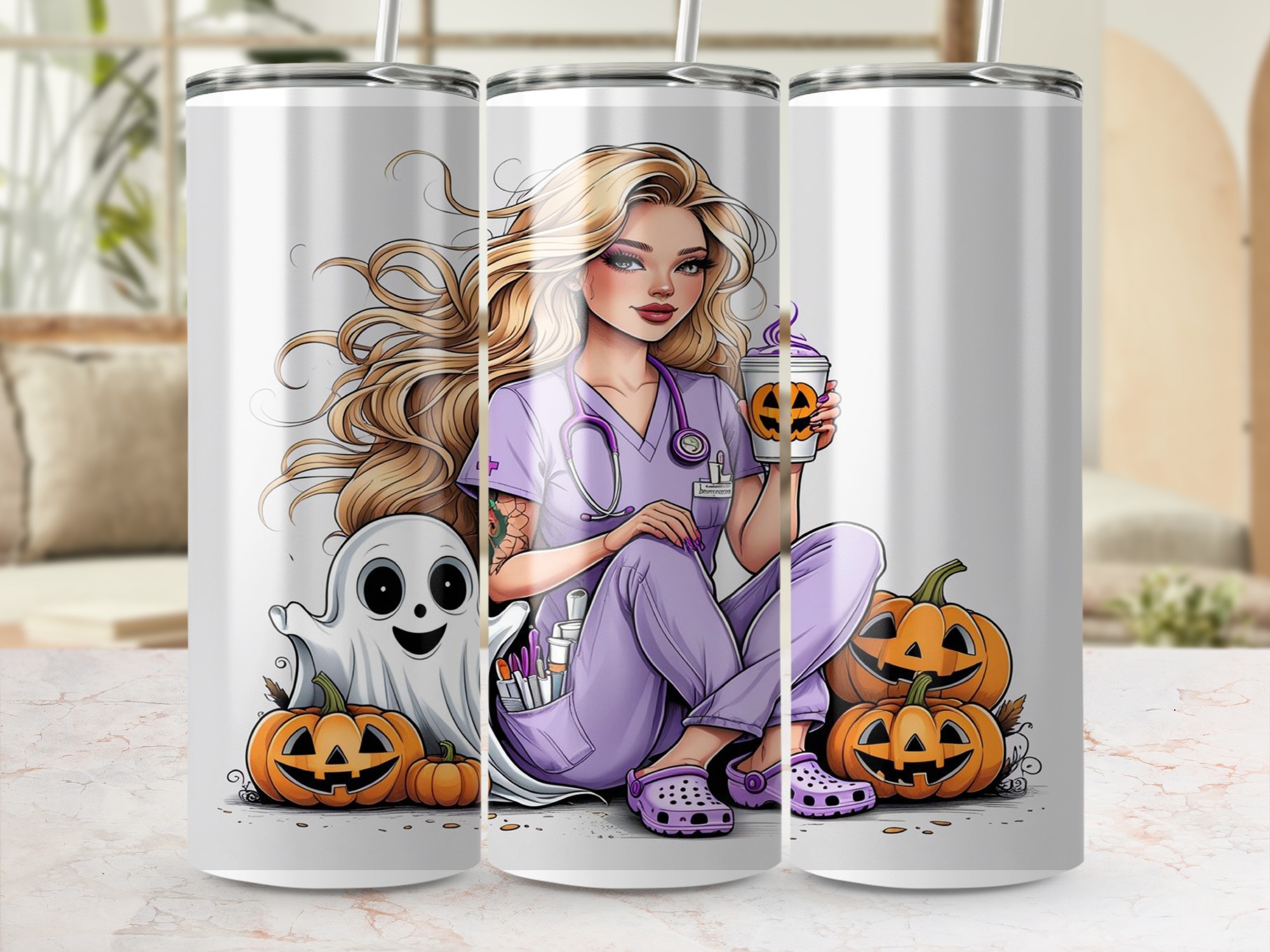 Nurse Halloween Digital Download, 20oz Tumbler Wrap Sublimation Design, Spooky Season Nurse Gift, Ghost Pumpkin Tumbler Design PNG - Image 3