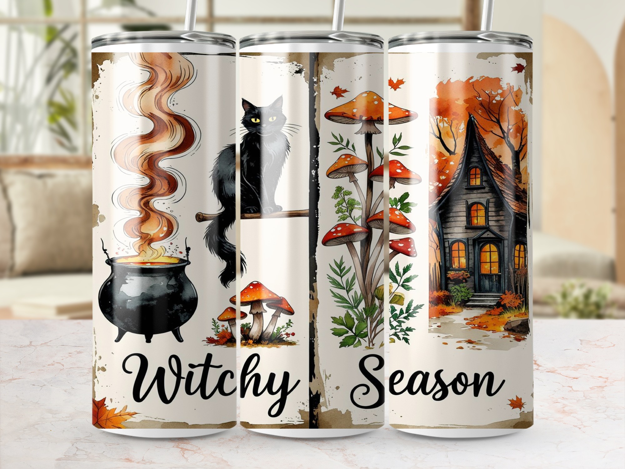 Witchy Season 20oz Tumbler Wrap Digital Download, Halloween Sublimation, Black Cat, Spooky House, Autumn Leaves, Cauldron Design - Image 3