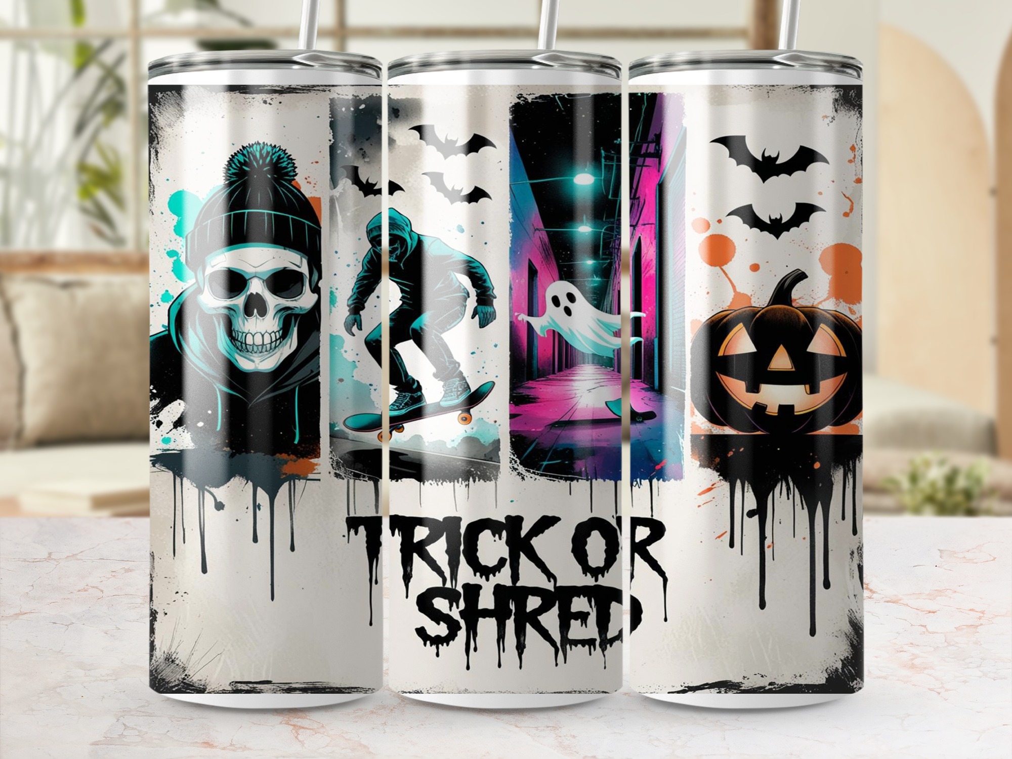 Trick Or Shred, Skull Sublimation 20oz Tumbler Wrap, Halloween Tumbler Design, Skateboard Ghost Tumbler, Digital Download, Funny Wrap - Image 4