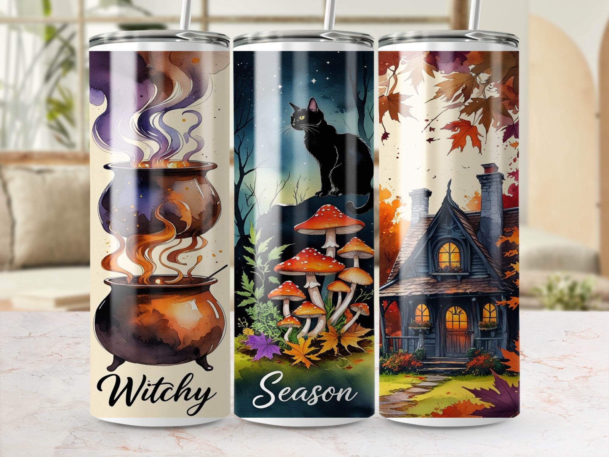 Witchy Season Tumbler Wrap, 20oz Sublimation Design, Halloween Digital Download, Autumn Vibes, Black Cat, Cauldron, Cottage Core, PNG - Image 3