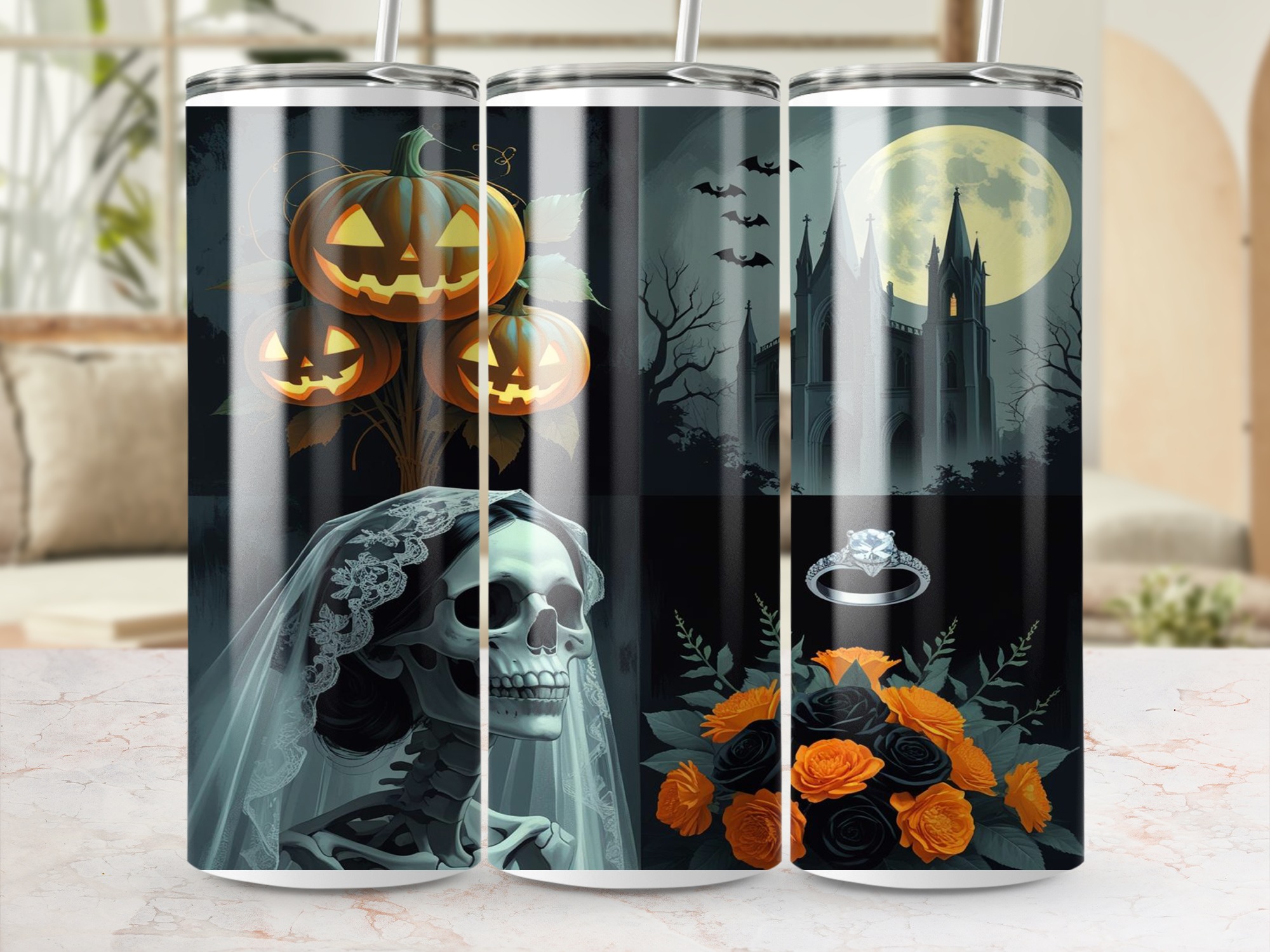 Halloween Bride 20oz Tumbler Wrap, Spooky Digital Download, Pumpkin Church Sublimation Design, Wedding Ring, Skull Printable Art - Image 4