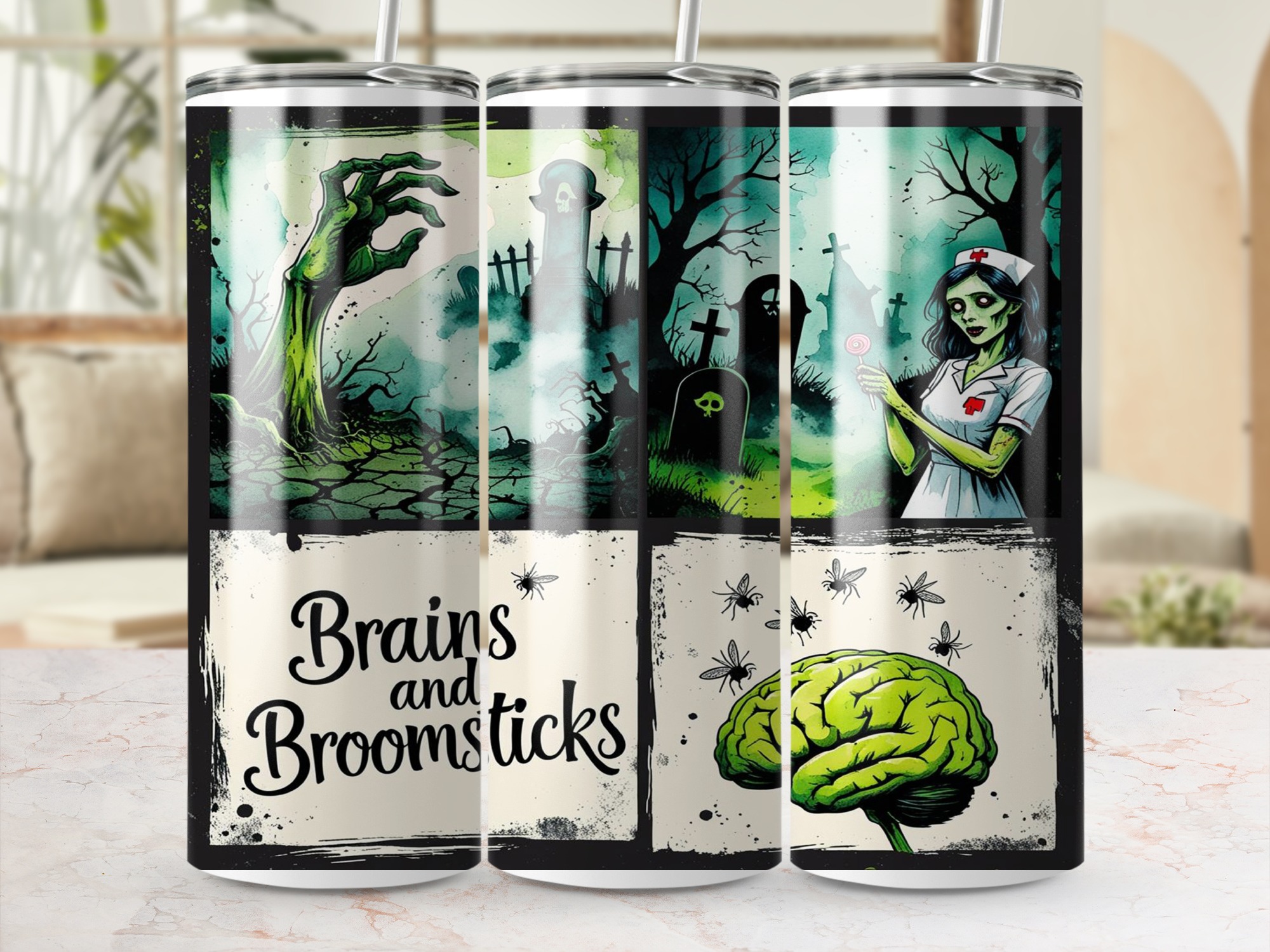 Halloween Digital Sublimation 20oz Tumbler Wrap Download, Zombie Nurse, Brains and Broomsticks, Spooky Season, Tombstone Design - Image 4