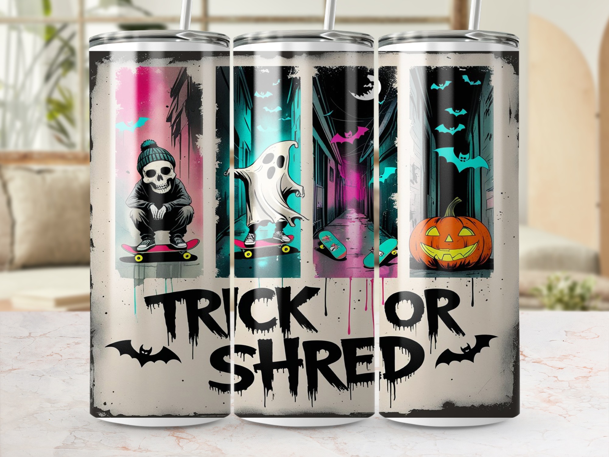Trick or Shred Tumbler Wrap, Halloween Sublimation Design, Digital Download 20oz Tumbler, Skateboard Ghost Pumpkin, PNG Instant File - Image 4