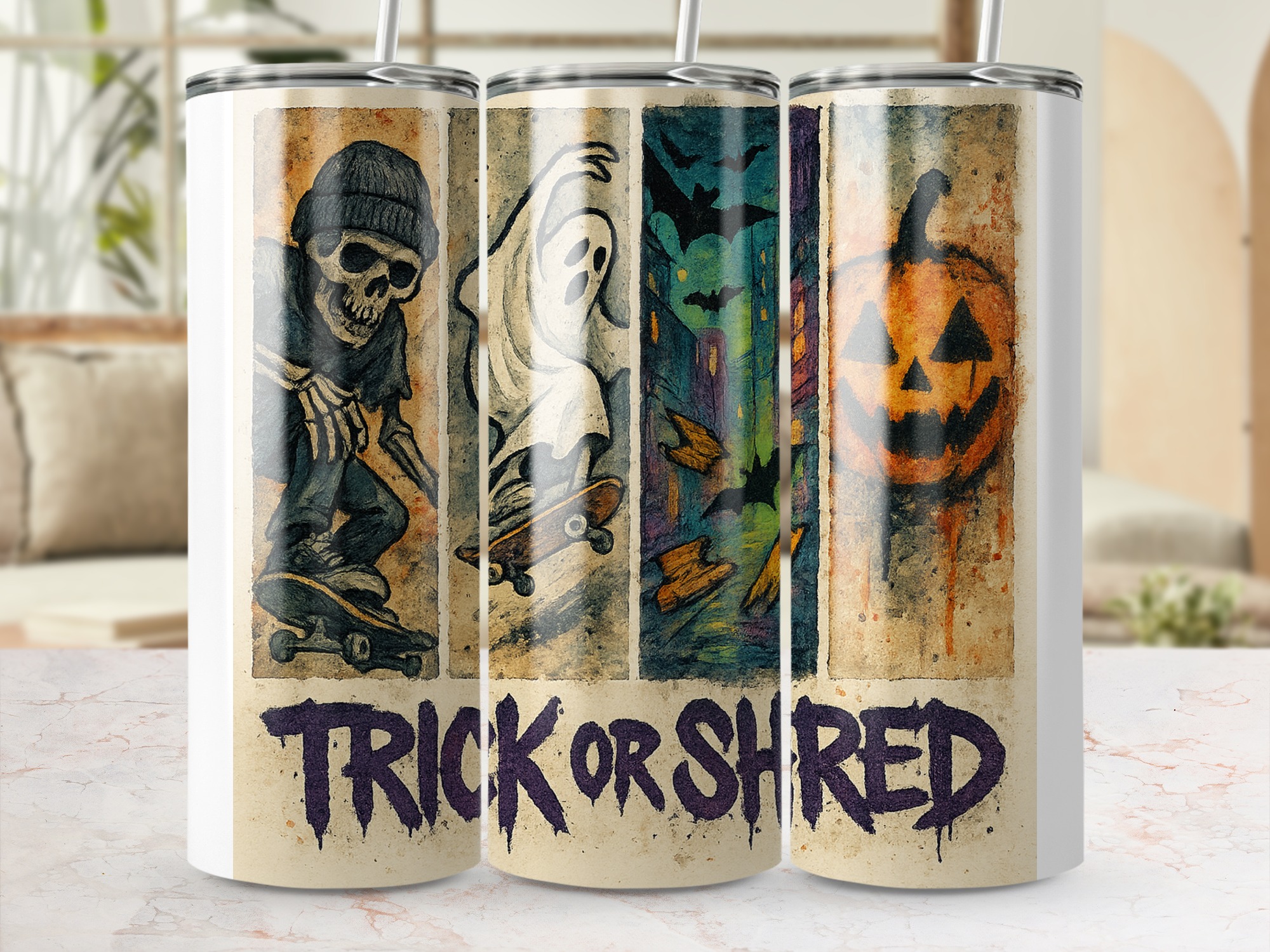 Trick Or Shred Tumbler Wrap, Halloween Digital Download, Sublimation 20oz Tumbler Design, Skateboard Skeleton, Ghost, Pumpkin - Image 3