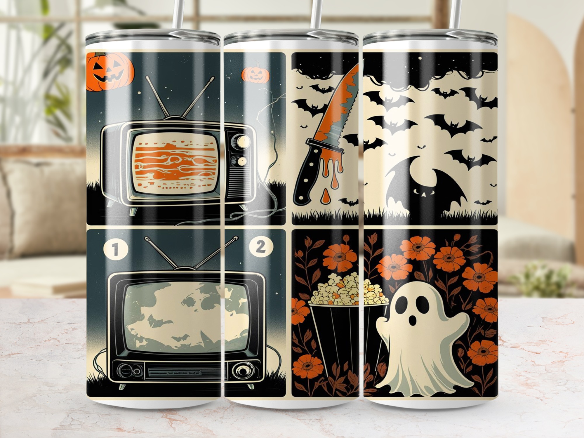 Retro Halloween Digital,Sublimation 20oz Tumbler Wrap Digital Download,Spooky TV Ghost Tumbler,Bats and Knife,Tumbler Design,PNG - Image 4