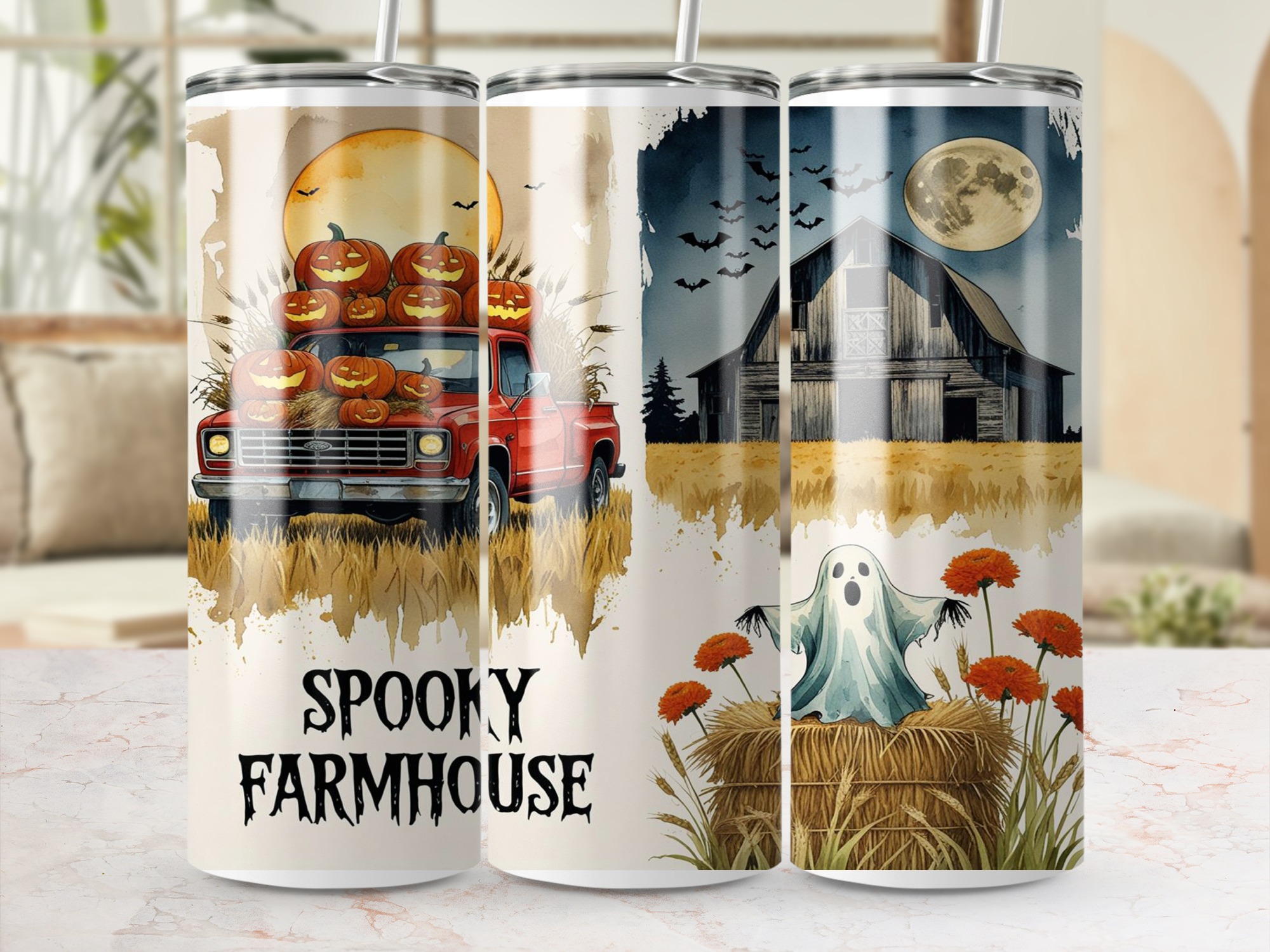 Spooky Farmhouse 20oz Tumbler Wrap, Halloween Digital Download, Pumpkin Truck, Ghost Barn, Sublimation Design, Fall Tumbler Design - Image 4