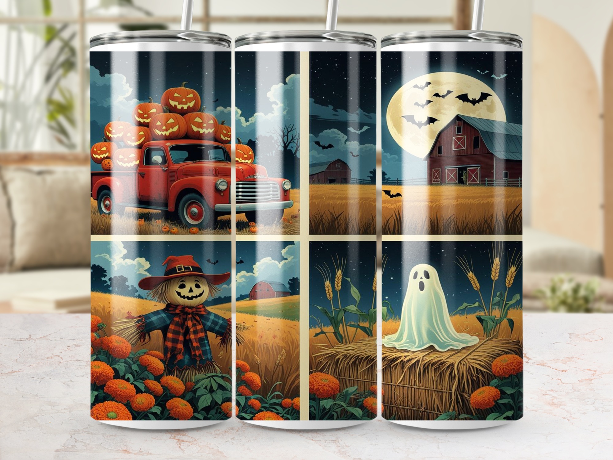 Halloween Tumbler Wrap Digital Download, 20oz Sublimation Design, Fall Truck, Ghost, Scarecrow, Barn, Autumn Nights, Full Wrap PNG - Image 4