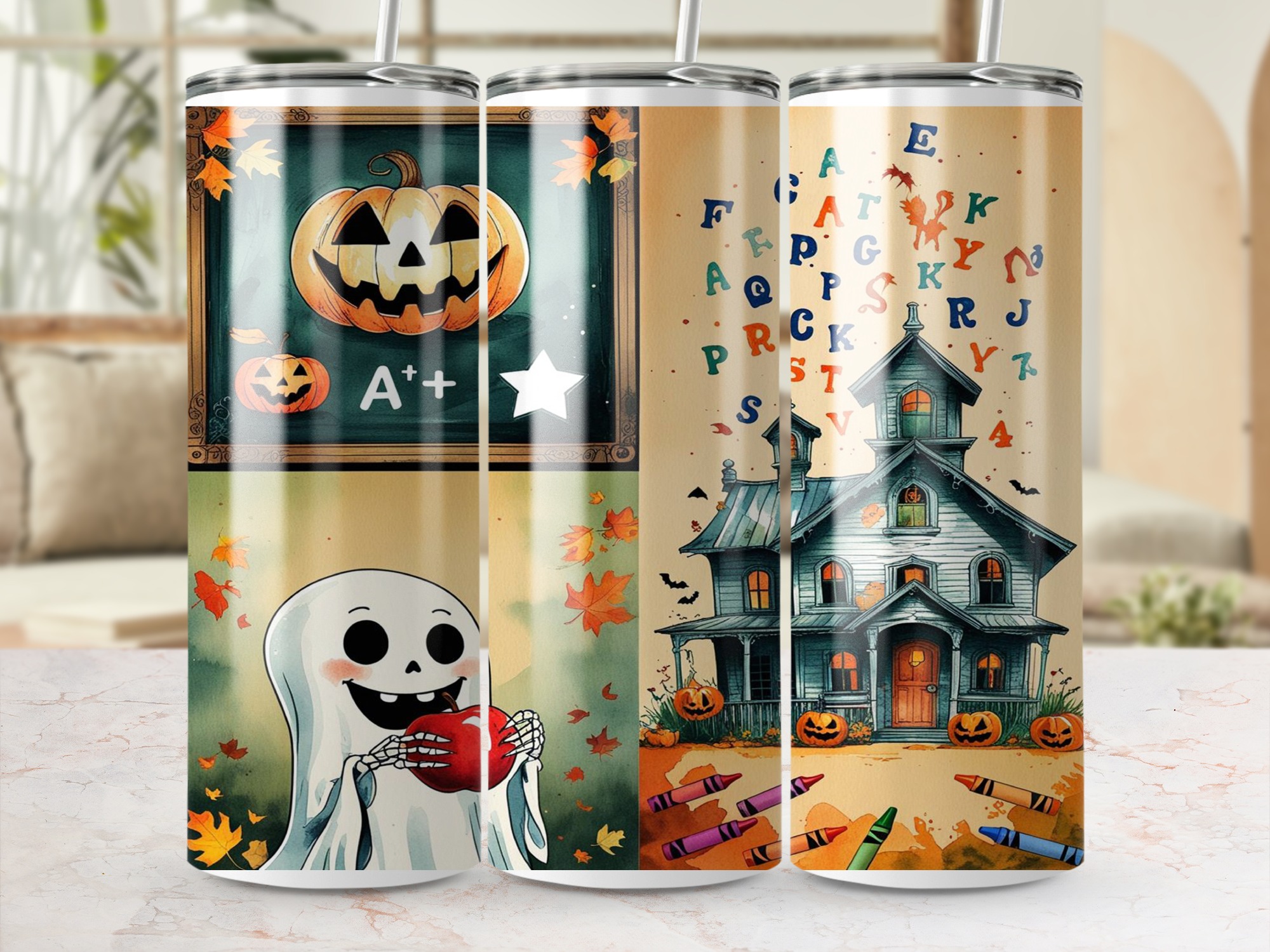 Halloween School 20oz Tumbler Wrap Digital Download, Sublimation Design, Ghost, Pumpkin, Haunted House, Teacher Tumbler Design - Image 4