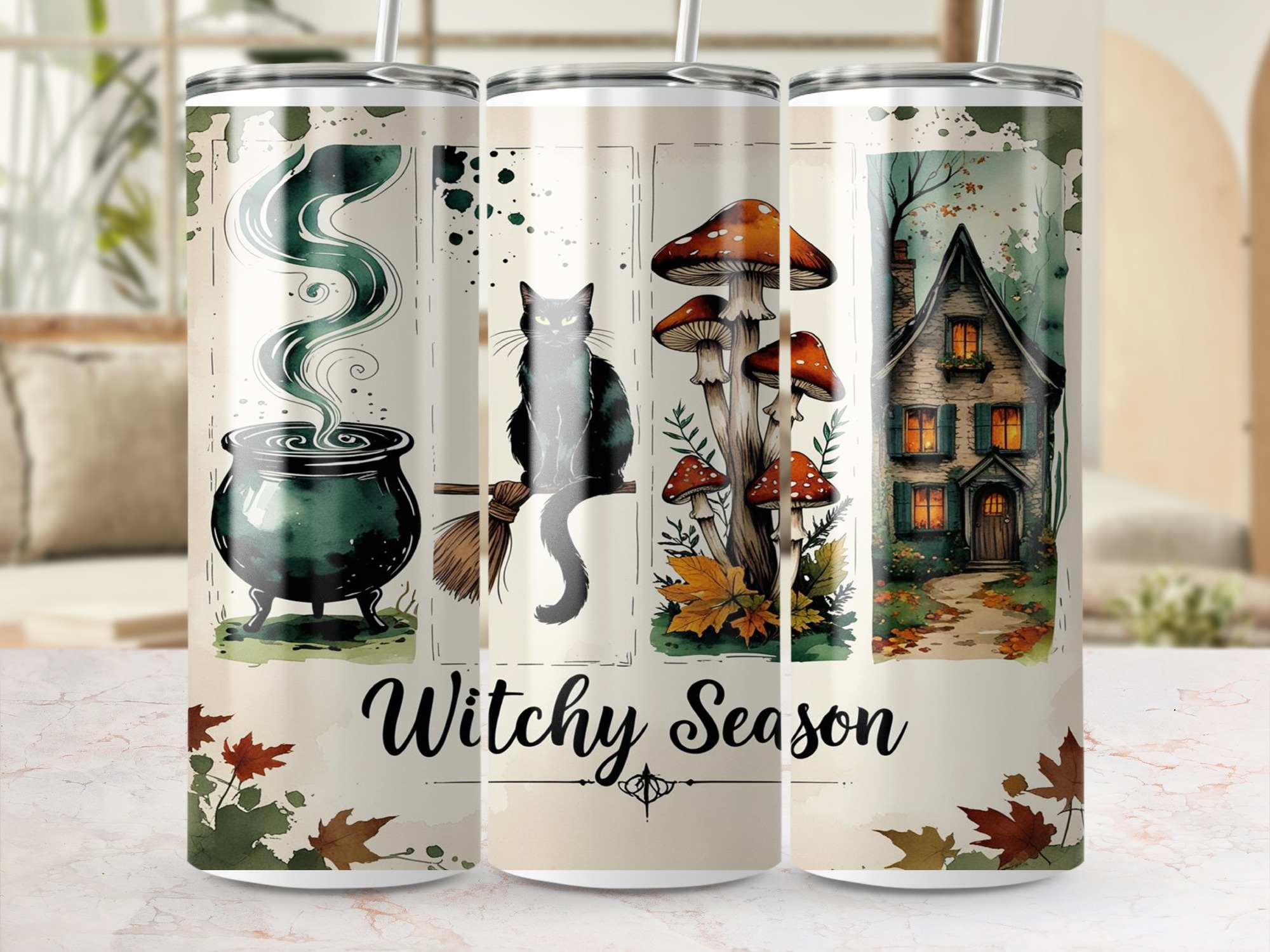 Witchy Season Digital,Sublimation 20oz Tumbler Wrap Digital Download, Cauldron,Black Cat,Mushroom House Tumbler Design,Seamless Wrap - Image 3