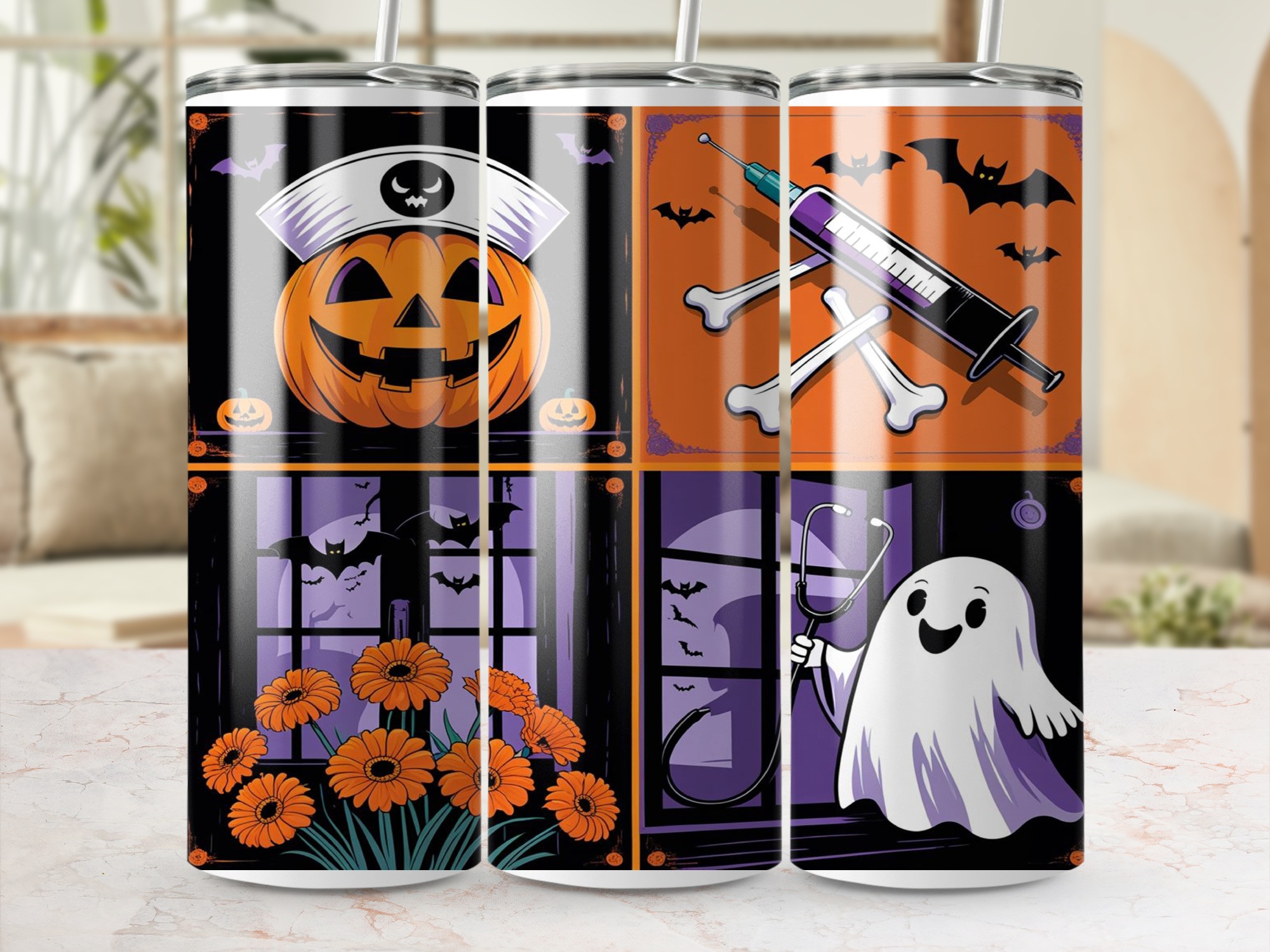 Halloween Nurse Pumpkin 20oz Tumbler Wrap, Digital Download, Spooky Ghost, PNG Sublimation Design, Medical Tumbler Design - Image 4