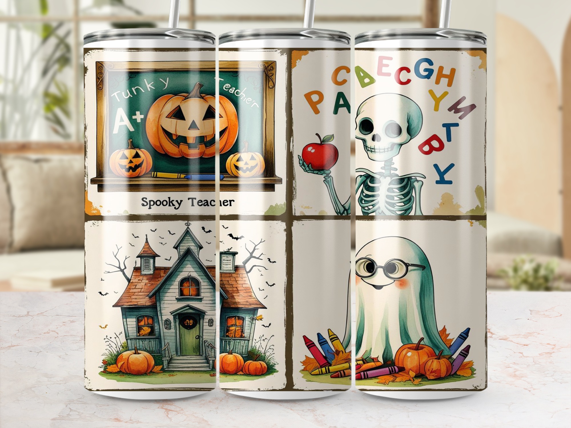 Spooky Teacher 20oz Tumbler Wrap, Halloween Digital Download, Sublimation Design, Cute Ghost Pumpkin Skeleton PNG, Teacher Gift Idea - Image 4