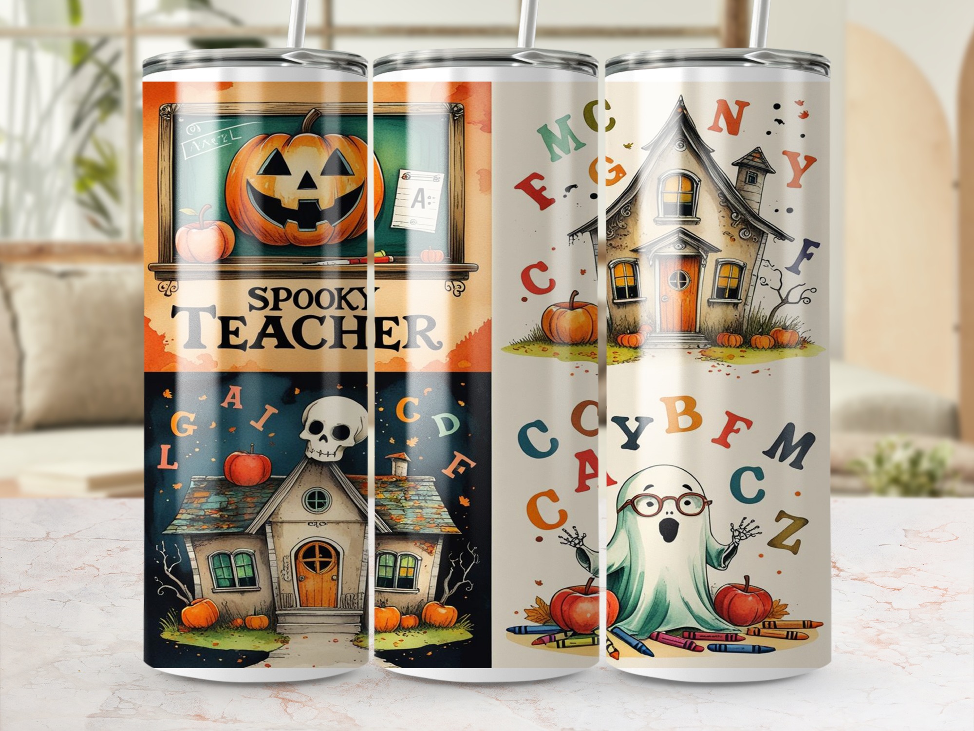 Spooky Teacher 20oz Tumbler Wrap, Halloween Digital Download, Pumpkin, Ghost, School House, Sublimation Design, Teacher Gift, Digital - Image 4
