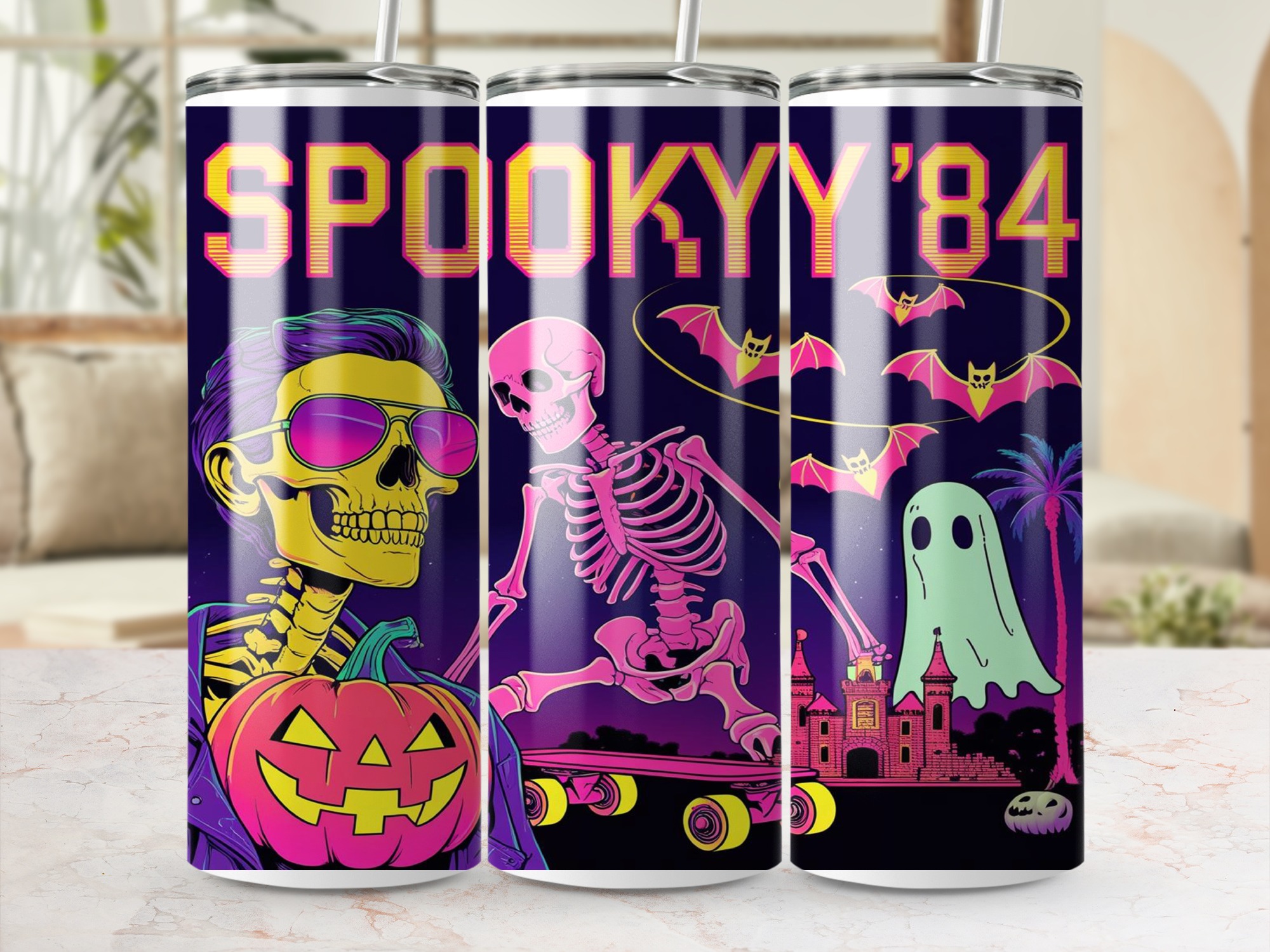 Spooky 84 Tumbler Wrap, 20oz Sublimation Design, Retro Halloween Digital Download, Skeleton Ghost PNG, Tumbler Template Printable - Image 4