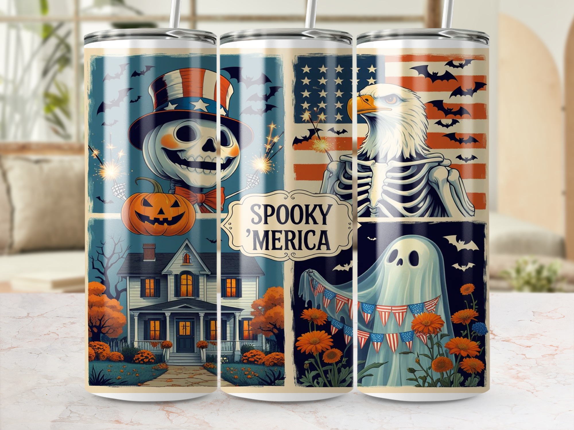 Spooky Merica Digital Download, Sublimation 20oz Tumbler Wrap, Patriotic Halloween Design, American Flag, Eagle Skeleton, Ghost Tumbler - Image 4