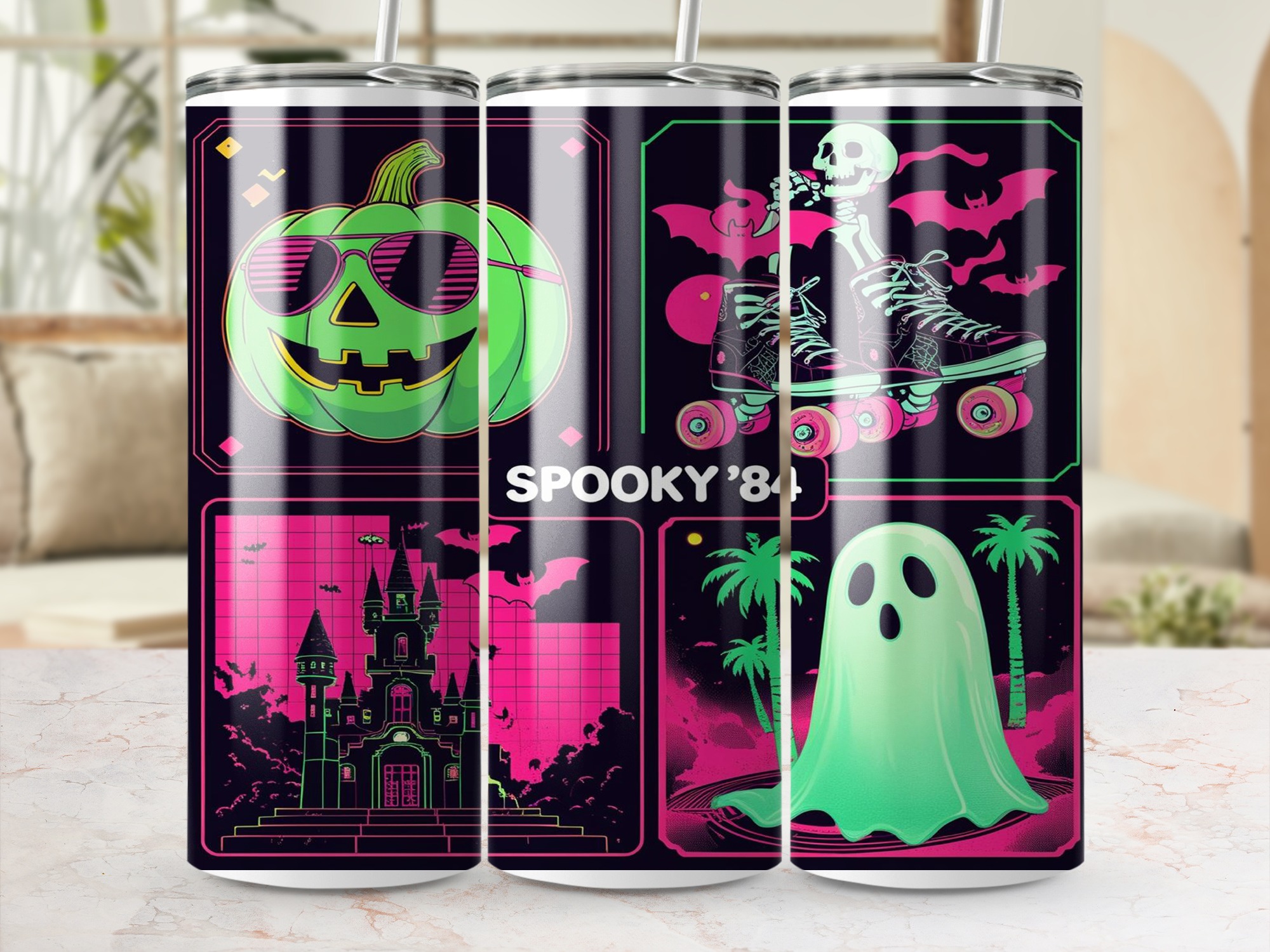 Digital Sublimation 20oz Tumbler Wrap, Spooky 80s Design Digital Download, Retro Halloween Tumbler Design, Pumpkin Bat Ghost Tumbler - Image 4