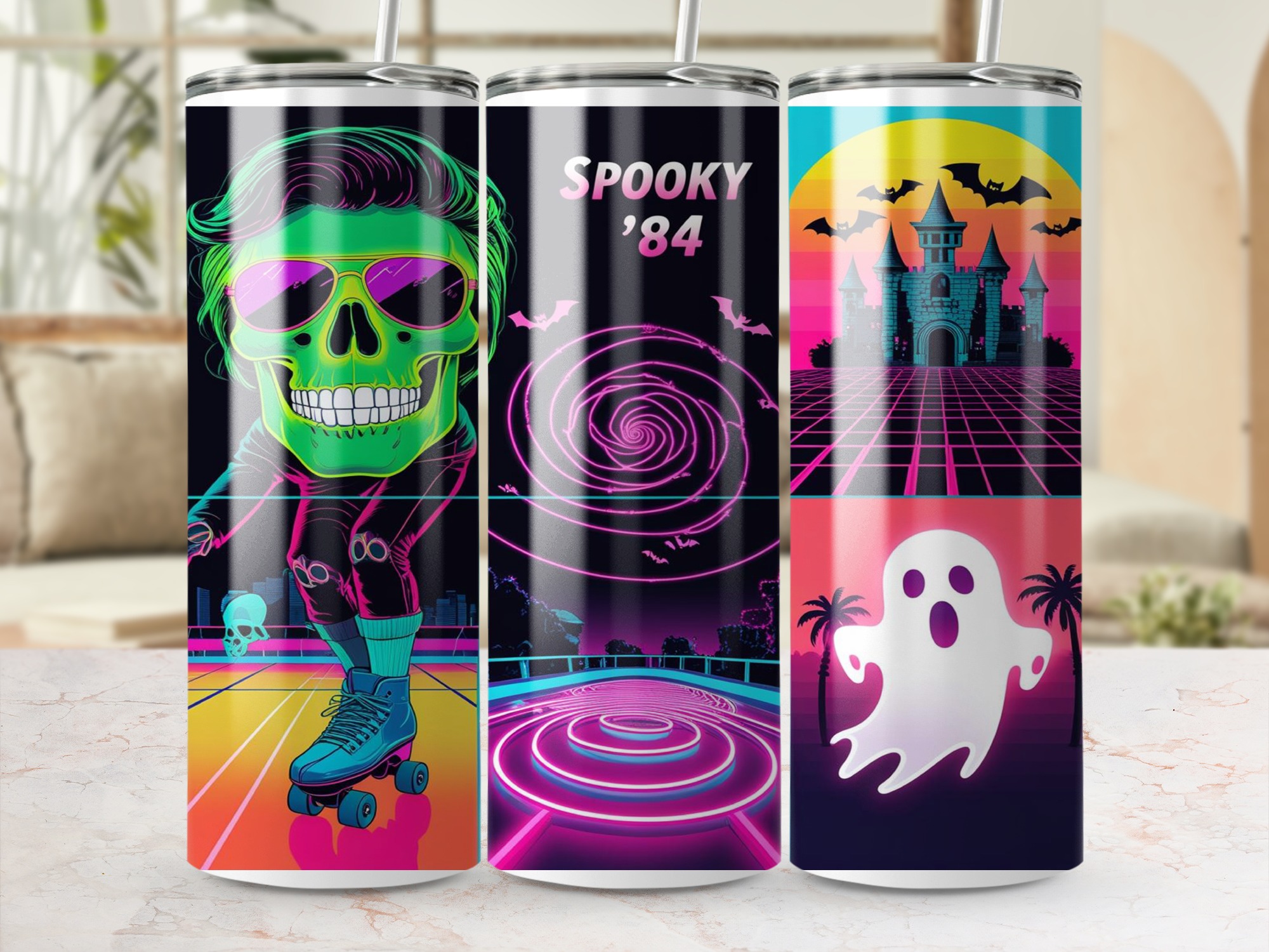 Digital Sublimation 20oz Tumbler Wrap Digital Download, Retro Halloween Tumbler Design, Spooky '84, Roller Skate Skull Ghost Castle - Image 4
