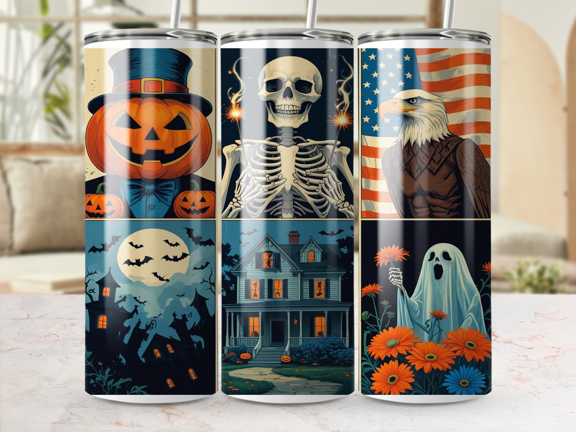 Halloween 20oz Tumbler Wrap,Digital Download,Patriotic Eagle Sublimation Design,Haunted House,Pumpkins,Ghost Tumbler Design,Spooky Skeletons - Image 4